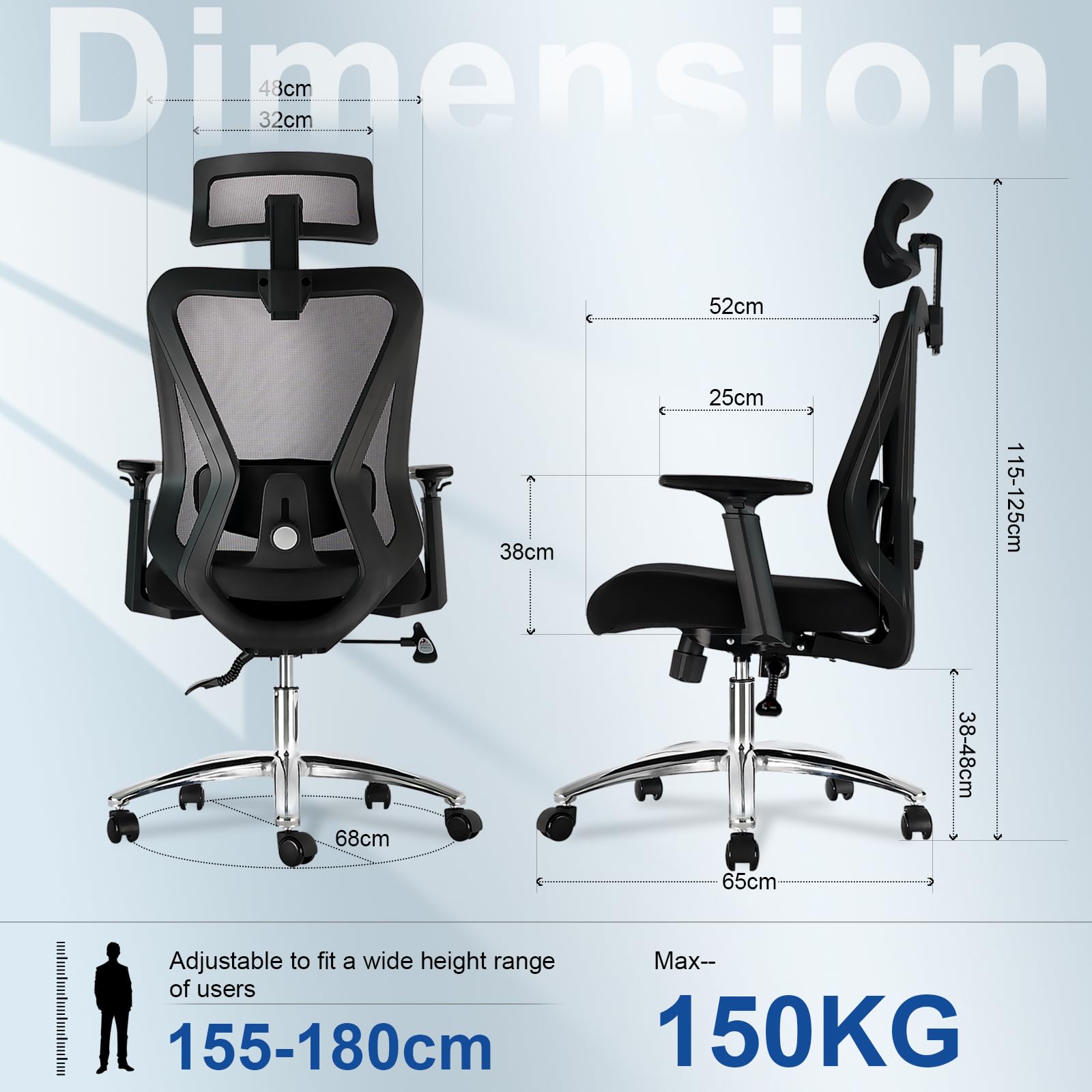 Durrafy Bürostuhl Ergonomisch, Bürostuhl mit Lendenstütze Verstellbarer Kopfstütze und Armlehnen, 3-stufige Neigungsverriegelung, Rückenfreundlicher Schreibtischstuhl bis 150KG für Büro und Homeoffice