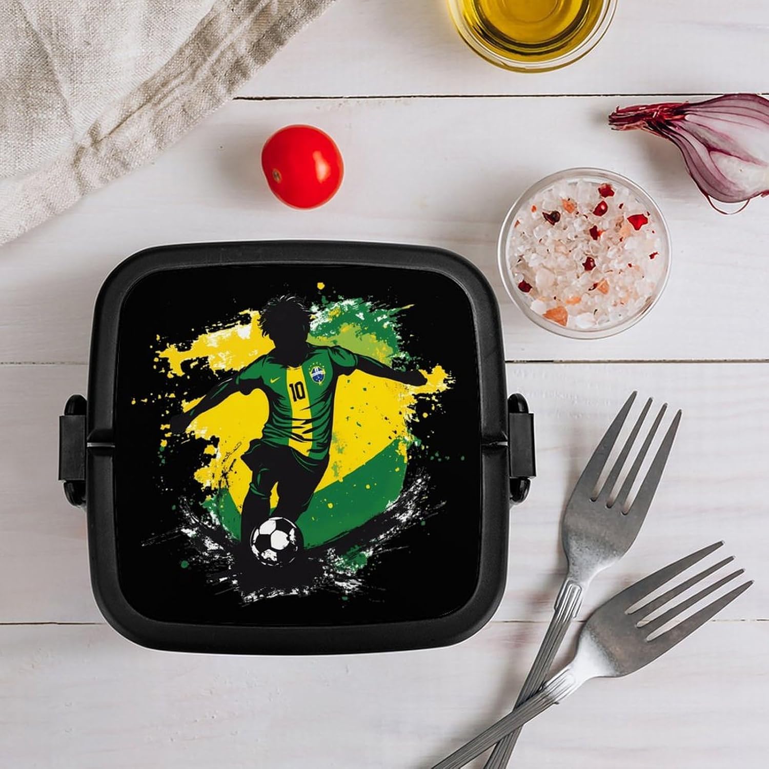 Brazil Flag Socer Player Football Bento Box with Spoon 2 Layer Food Container Cute Lunch Box for Travel Dining Work
