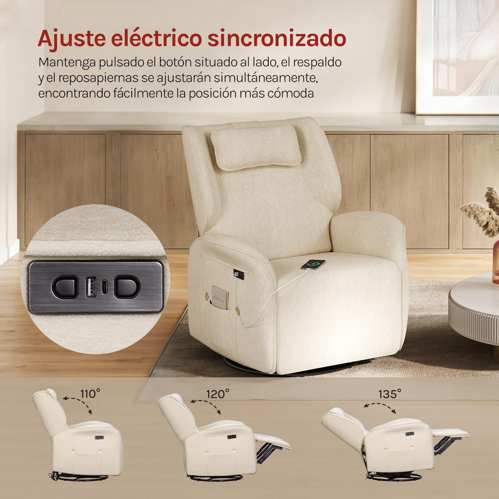 WOLTU Sillón Reclinable, de Masaje con Calefacción en Zona Lumbar, Beige | Sofá Relax Giratorio Tapizado en Chenilla, Reposacabezas, Bolsillos, Puerto USB, Capacidad de Carga 150 kg