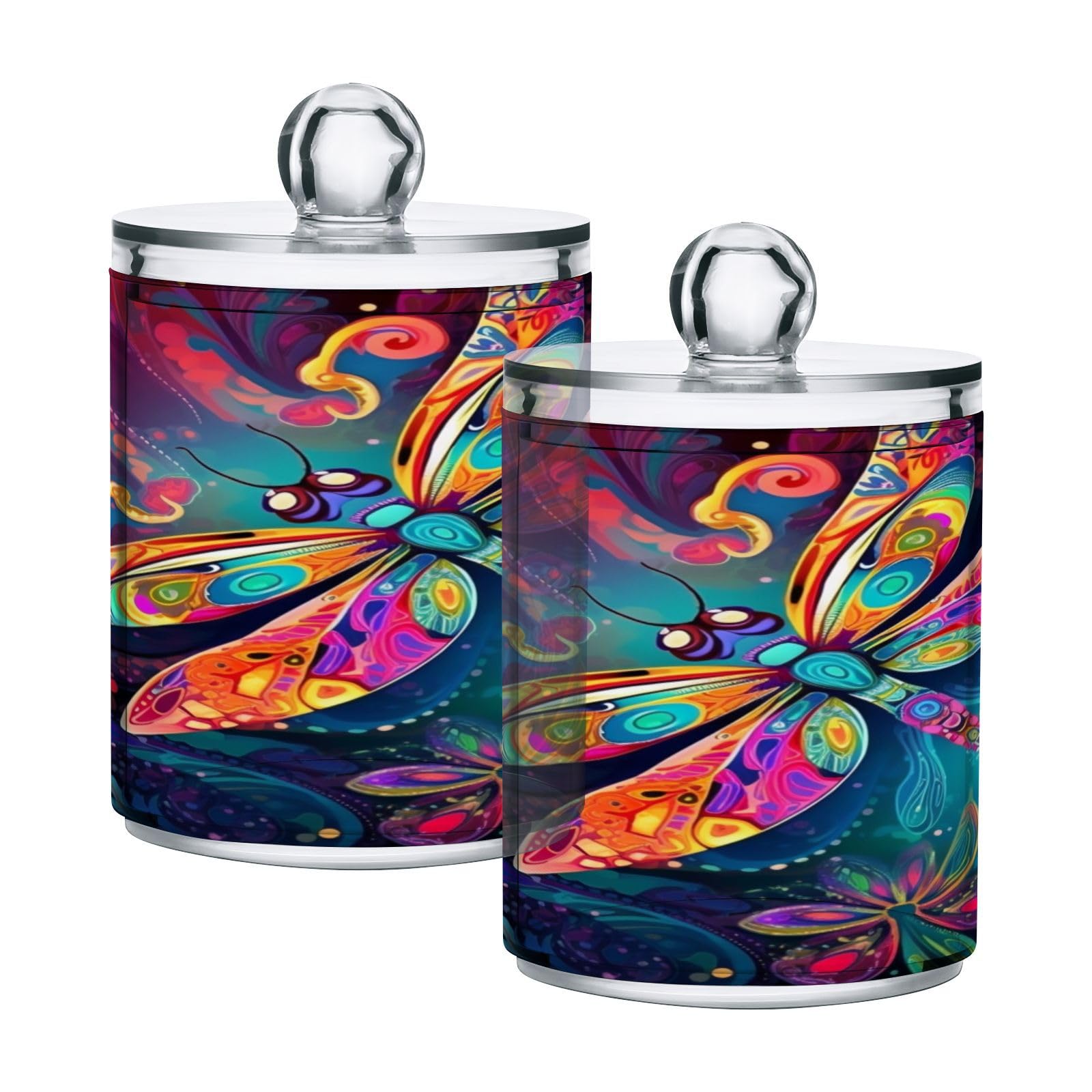 Colorful-dragonfly-print Restroom Bathroom Organizers with Lid Qtip Holder Dispenser Apothecary Jars Cotton Balls Pads Swabs Holder Jar 4