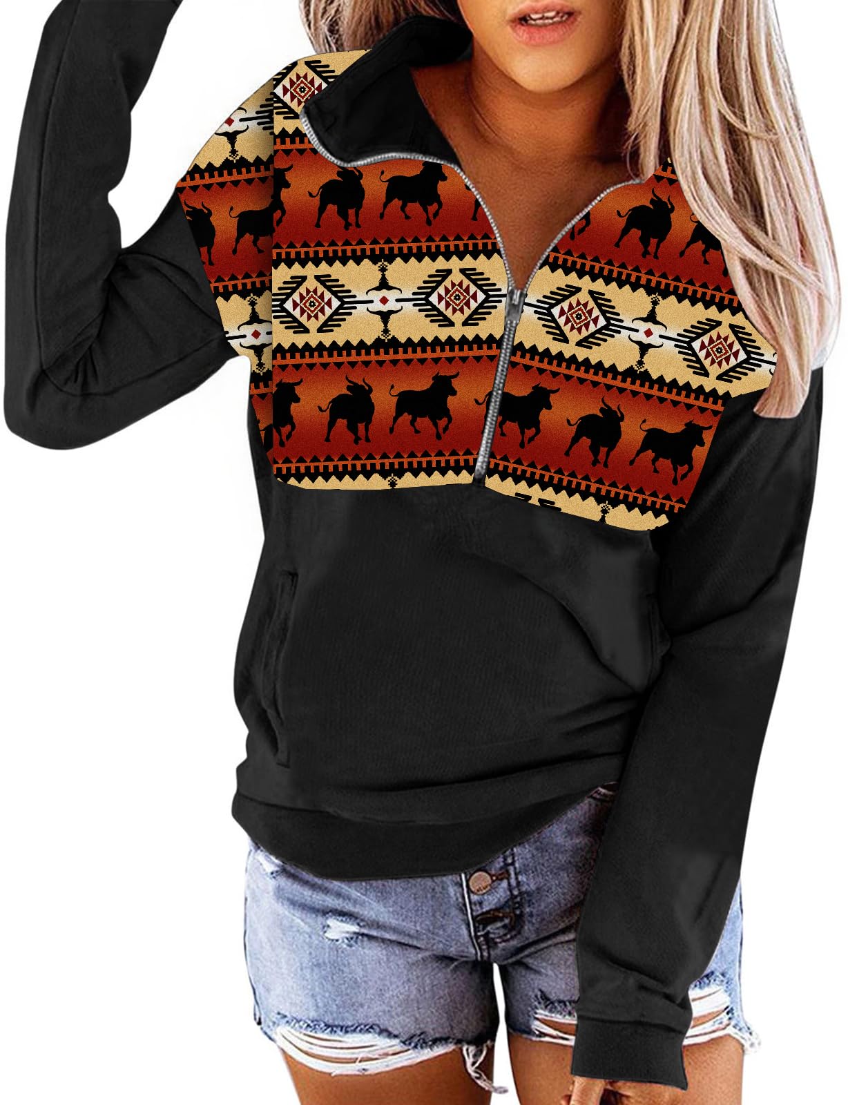 LEMAFER Women's 2024 Casual Aztec Cow Print Zipper Collar Pullover Sweatshirt Western Cowgirl Ethnic Style Hoodies, Orange Aztec, XXL