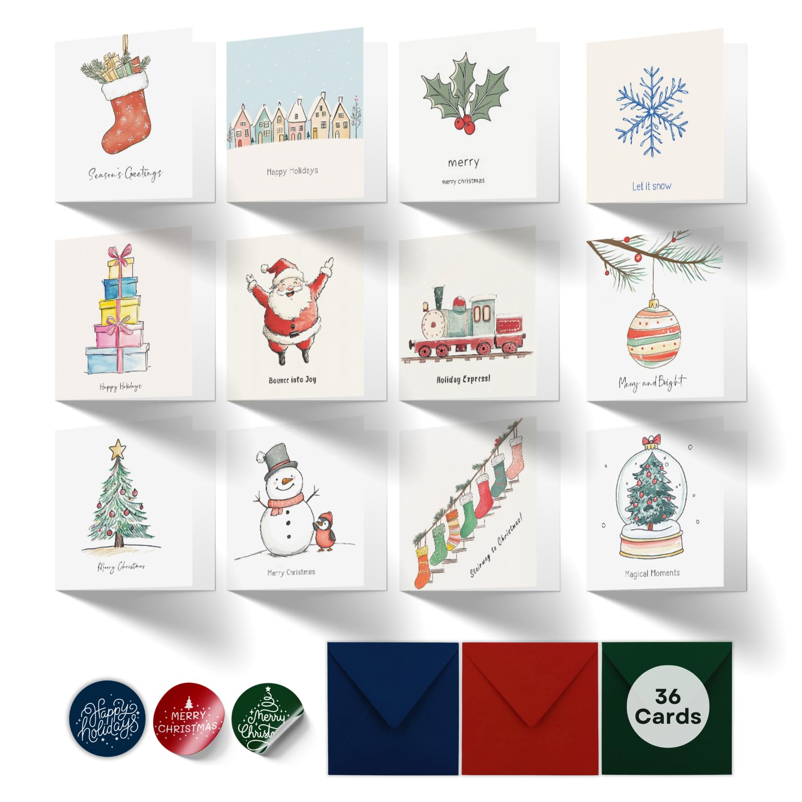Paper Play Merry Christmas Cards with Envelopes 36 Pack (12 Simple yet Funny Designs) - 3x3 Inches Bulk Pack with Envelopes & Matching Stickers - Set