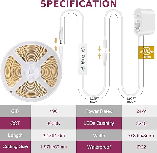 Miniatura 5 de COB - Tira de luz LED blanca cálida, 33 pies, regulable, 3000 K, tira de luces LED blancas superbrillantes con control remoto RF y fuente de