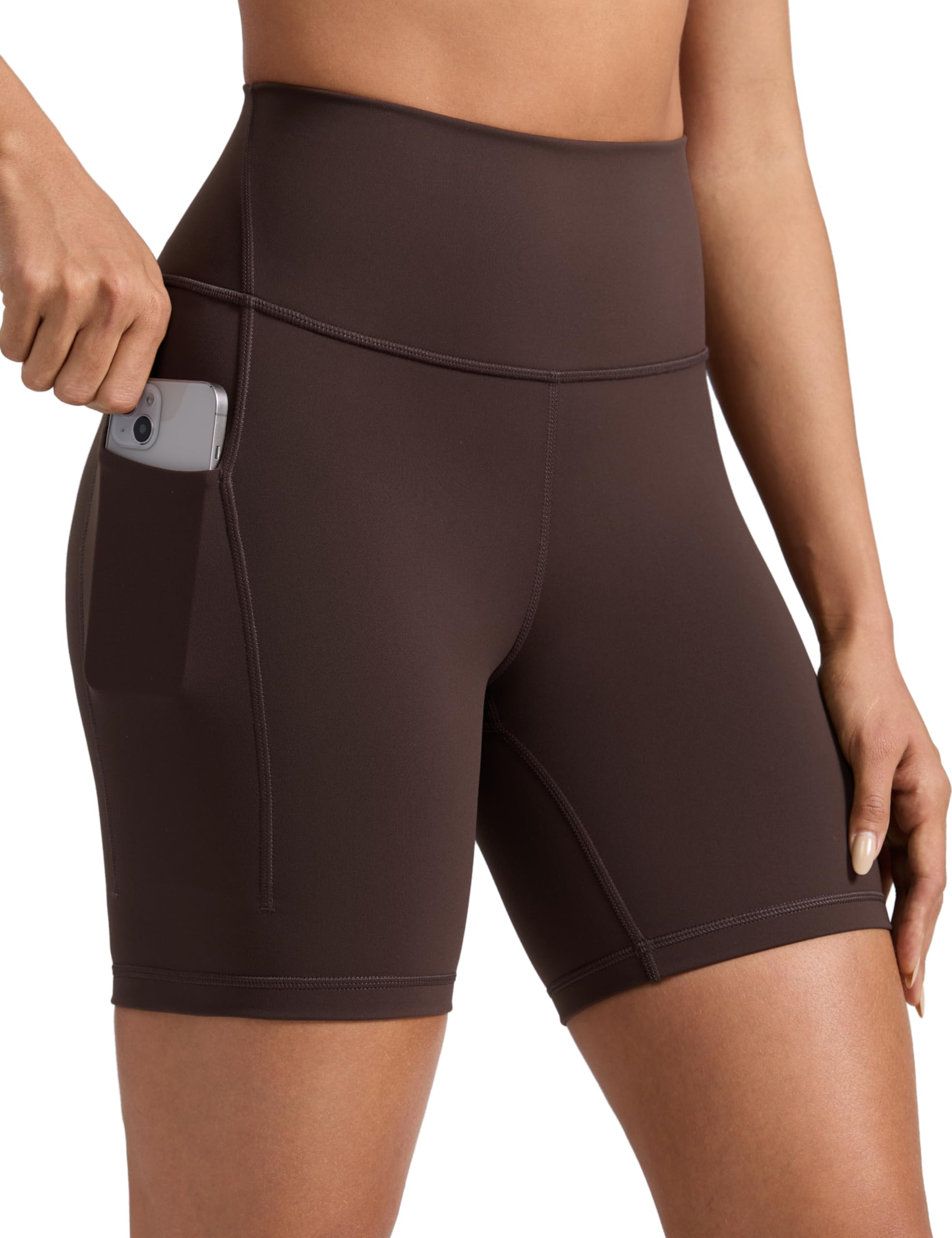 Crz Yoga Women's Hot Fudge Brown Butterbreeze Cycling Shorts With Pockets 6'' - Workout Gym Yoga Running High Waisted Athletic Biker Shorts 8