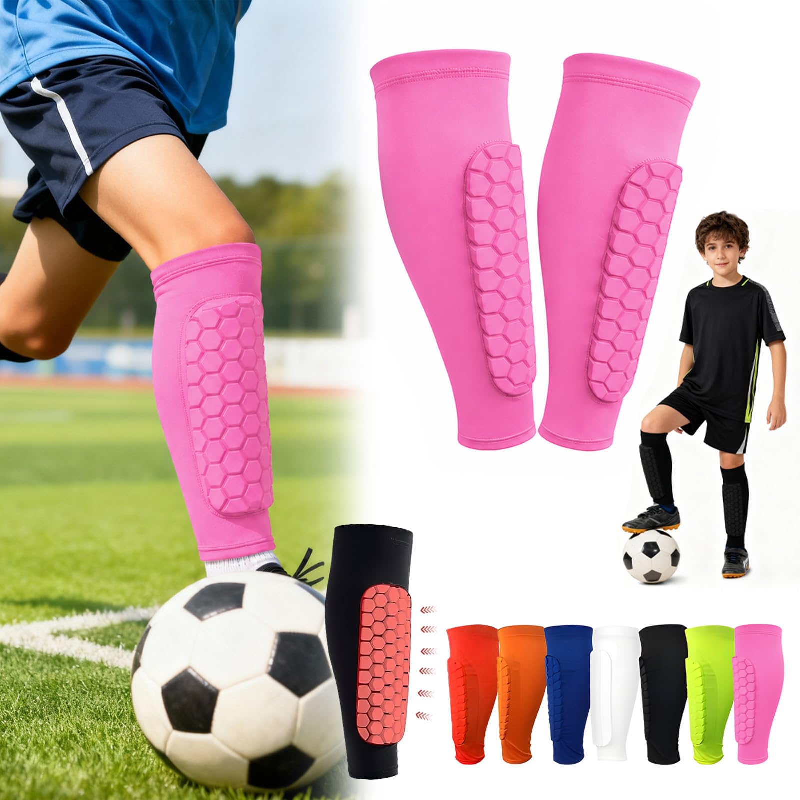 Football Shin Pads Guards for Boys Girls, Shin Guards for Defender Honeycomb Compression Sleeve for Superior Impact Absorption, Elastic Breathable Knit, Lightweight Comfortable Fit Soccer (Pink, XL)