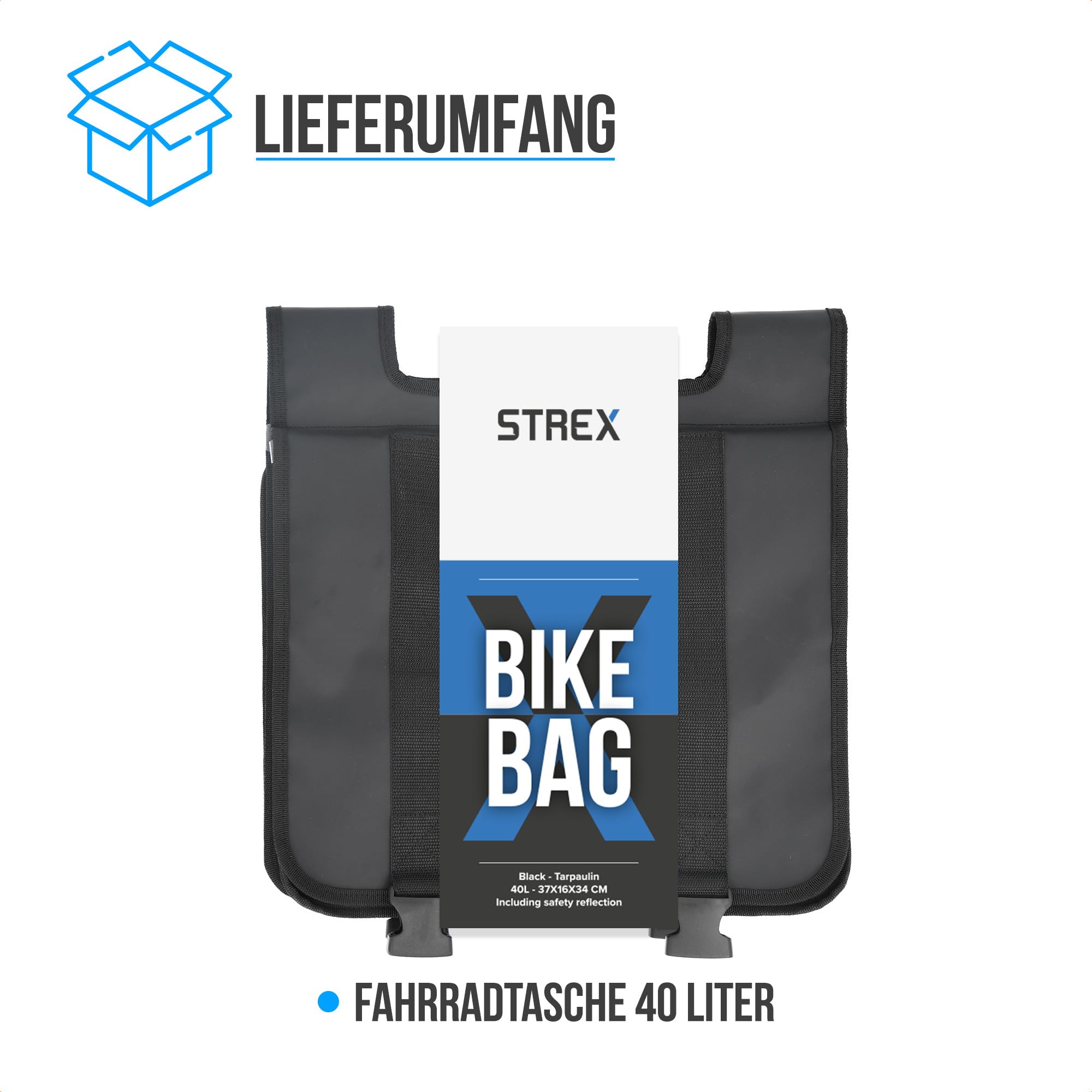 Strex Fahrradtasche Wasserdicht für Gepäckträger 40L - Doppeltasche - Gepäcktasche - Schwarz - Mit Reflektoren - Elektrofahrrad