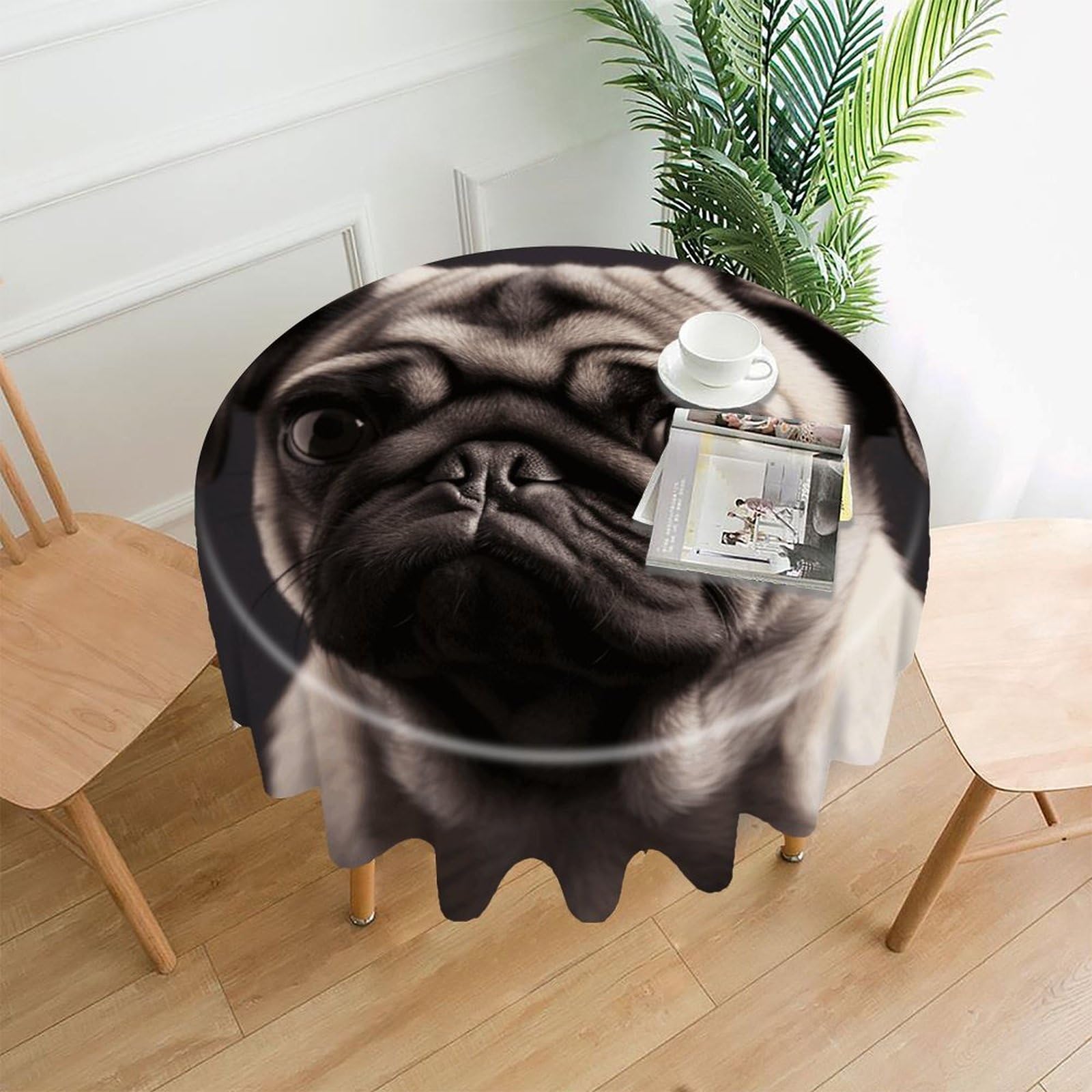 MUSM 60 Inch Pug Round Tablecloth Wipeable Washable Table Cover for Kitchen and Dining Room Decorative Table Cloth for Party Holiday Picnic Outdoor