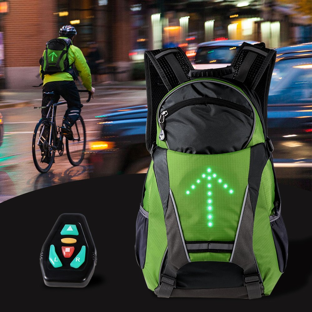 Lixada Sac À Dos Réfléchissant Léger 18L USB Rechargeable Indicateur de Direction du Signal Lumineux sans Fil à Del pour Cyclisme Courir Marche Jogging (Vert noir)