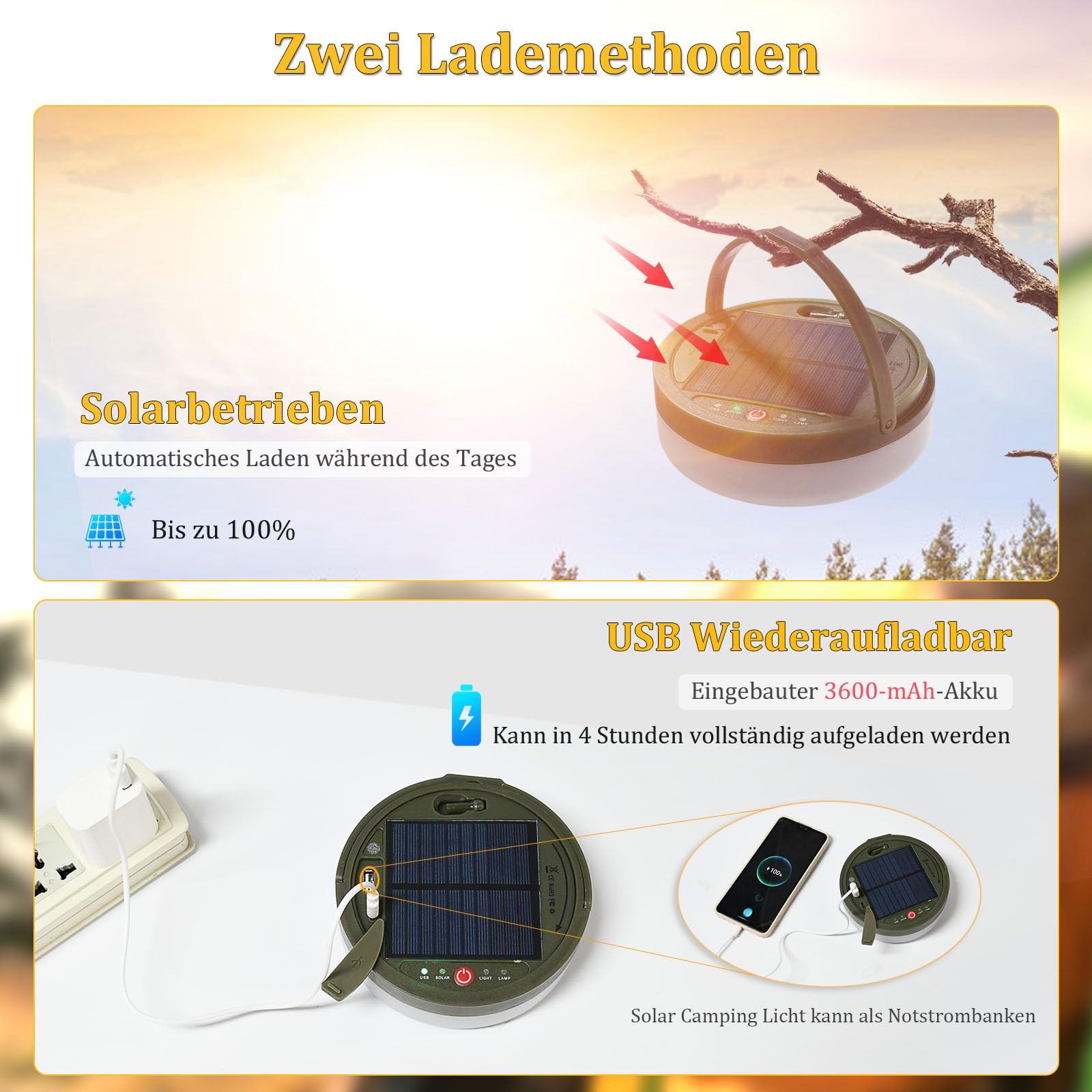 Lampada Campeggio LED Solare E USB 2 In 1 - Catena Luminosa 10 M, 8 Modalità, Power Bank, IP65, Telecomando