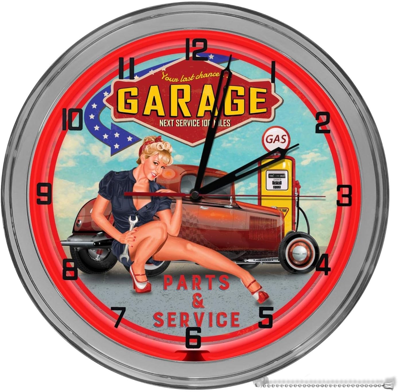 Vintage Gas Station Mechanic Last Stop 16" Light Up Red Neon Clock