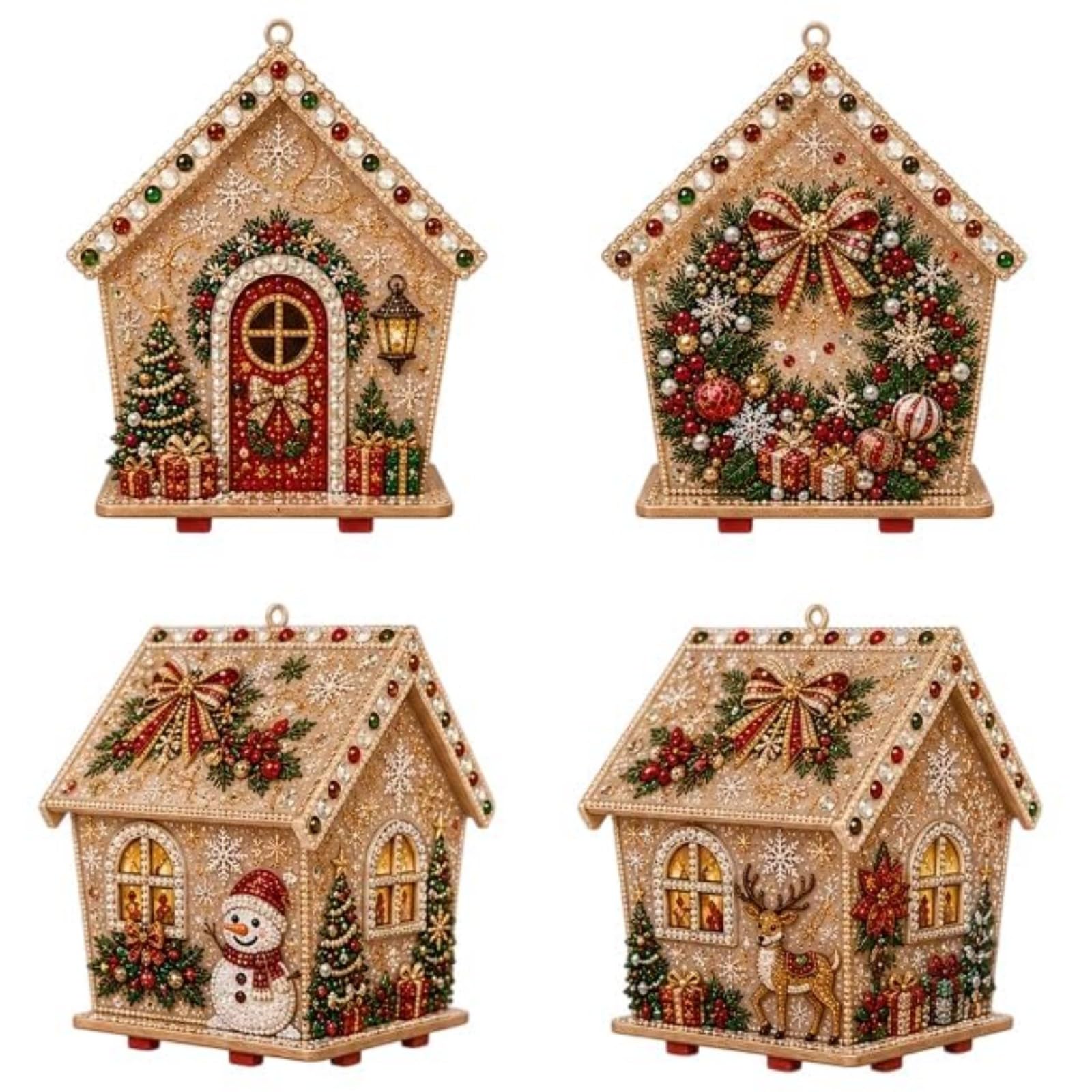 3D Wooden DIY Pearl Art Christmas House Diamond Painting Kit，Wreath
