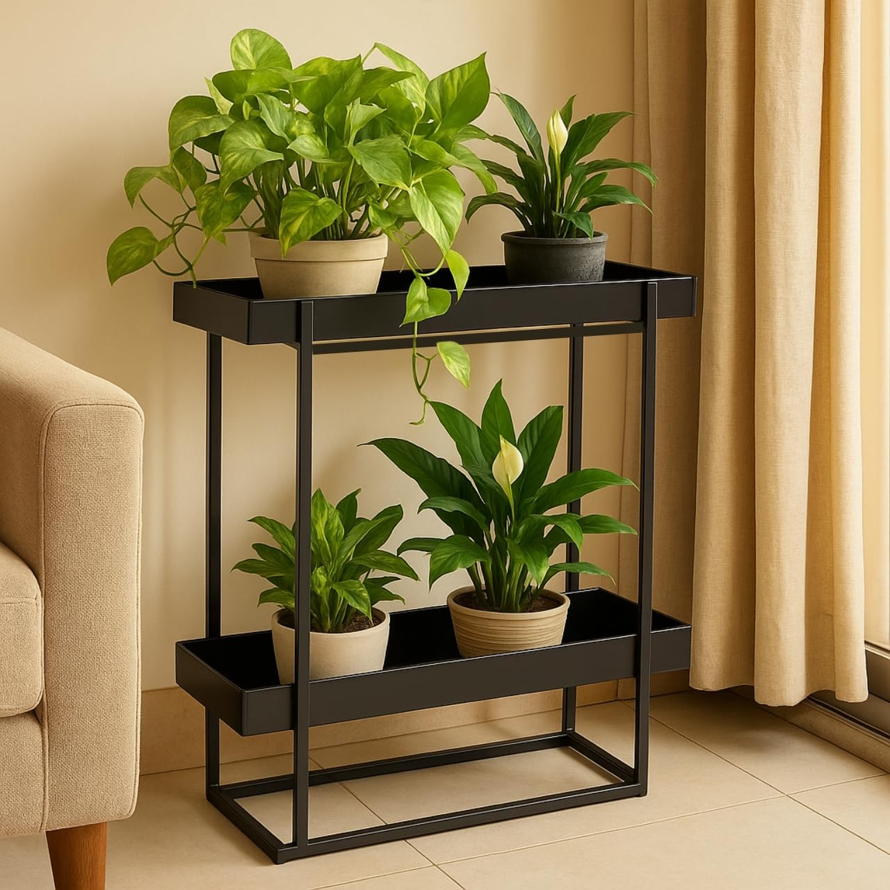 ecofynd Ewan Plant Stands for Outdoor Balcony, Flower Pot Stand for Indoor Plants, Metal Planter Stand for Living Room, home decor, Indoor & Outdoor plants, 2 Tier, (PS046-BLK)-image-8