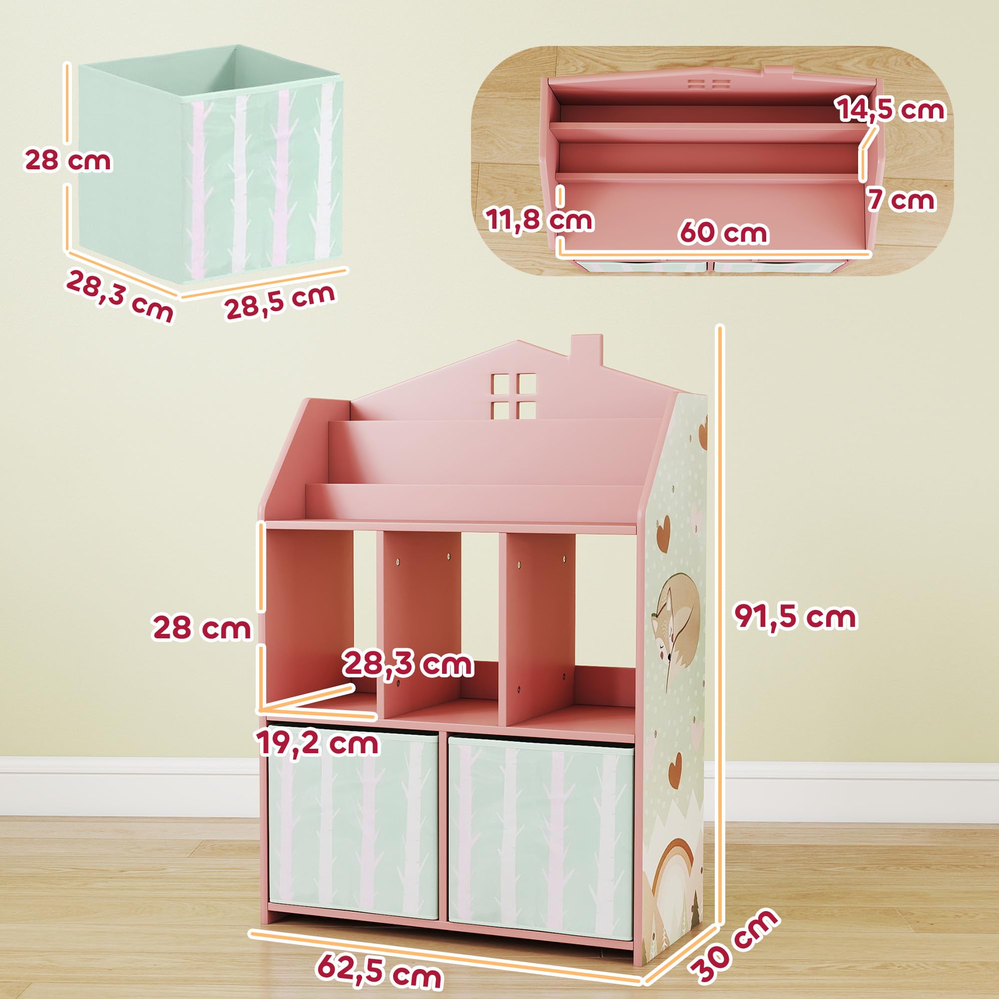 AIYAPLAY Meuble Rangement Enfant, bibliothèque Enfants avec étagères Ouvertes et 2 tiroirs en Tissu, Forme de Maison et Motif de Renard, Rangement Jouet pour Chambre d'enfants Salle de Jeu, Rose