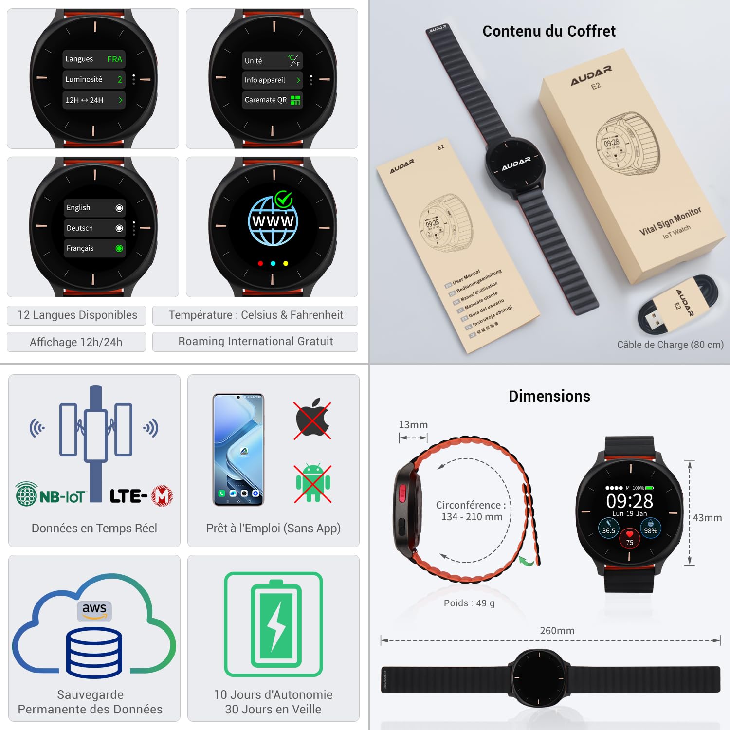 Audar E2 - Montre Connectée Senior avec Détection de Chute et SOS - Surveillance 24/7 Tension Artérielle/Fréquence Cardiaque/SpO₂/Température, Rapports Bien-être par IA, Fonctionne sans Portable/App