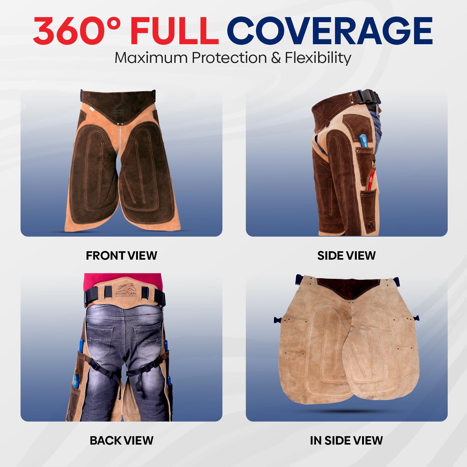Equine Care Delantal Farrier – Cuero de gamuza de vaca de 25 pulgadas, soporte trasero, 4 bolsillos para cuchillos de pezuña, 2 imanes de uñas, cintura ajustable de 28 a 52 pulgadas, rodilleras,