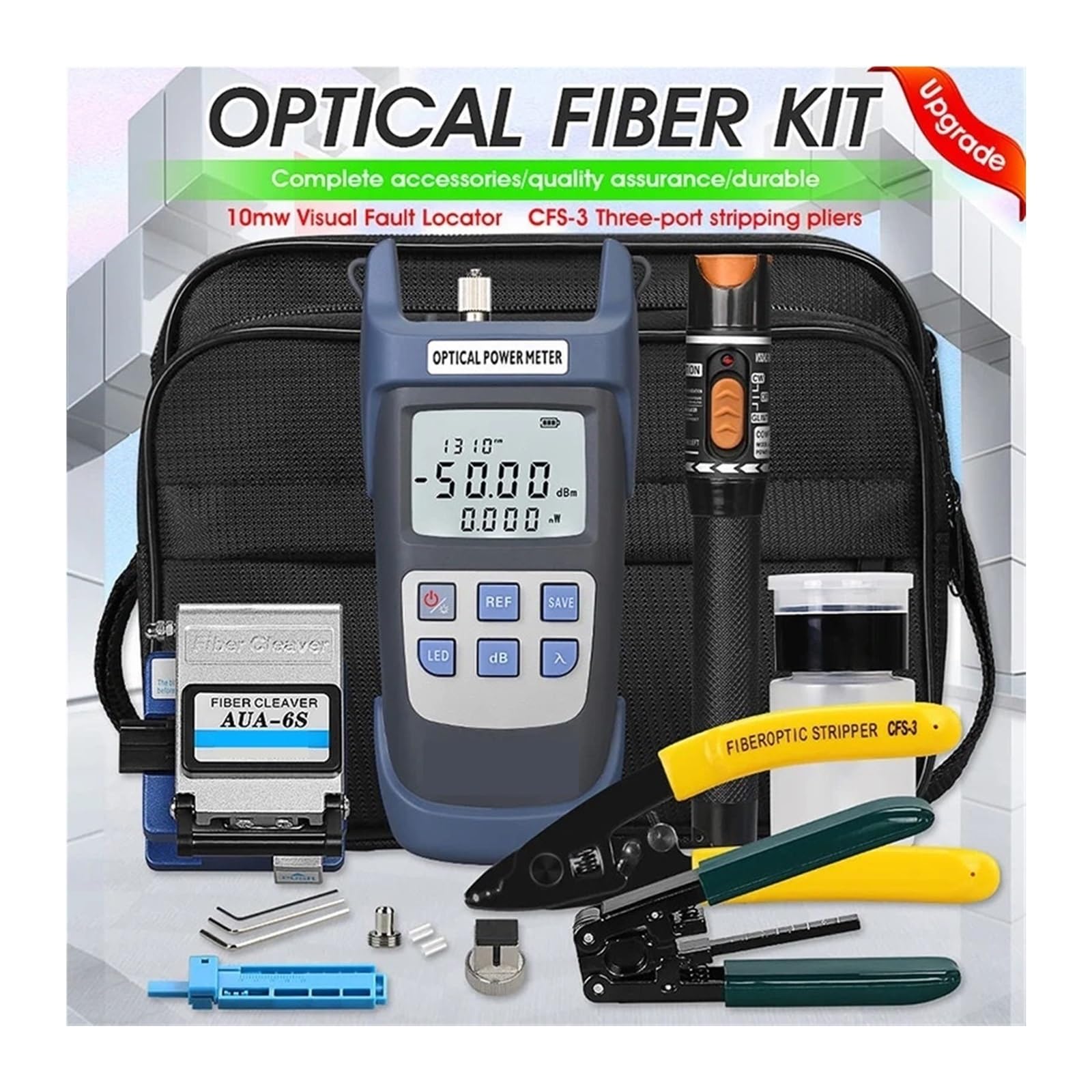 CUDTAPI Optical Fiber Cleaver, 19pcs/set FTTH Fiber Optic Tool Kit With AUA-6S Cleaver -70~+10dBm/-50+26dBm Optical Power Meter 10mw Visual Fault Locator(-50 to 26dBm)