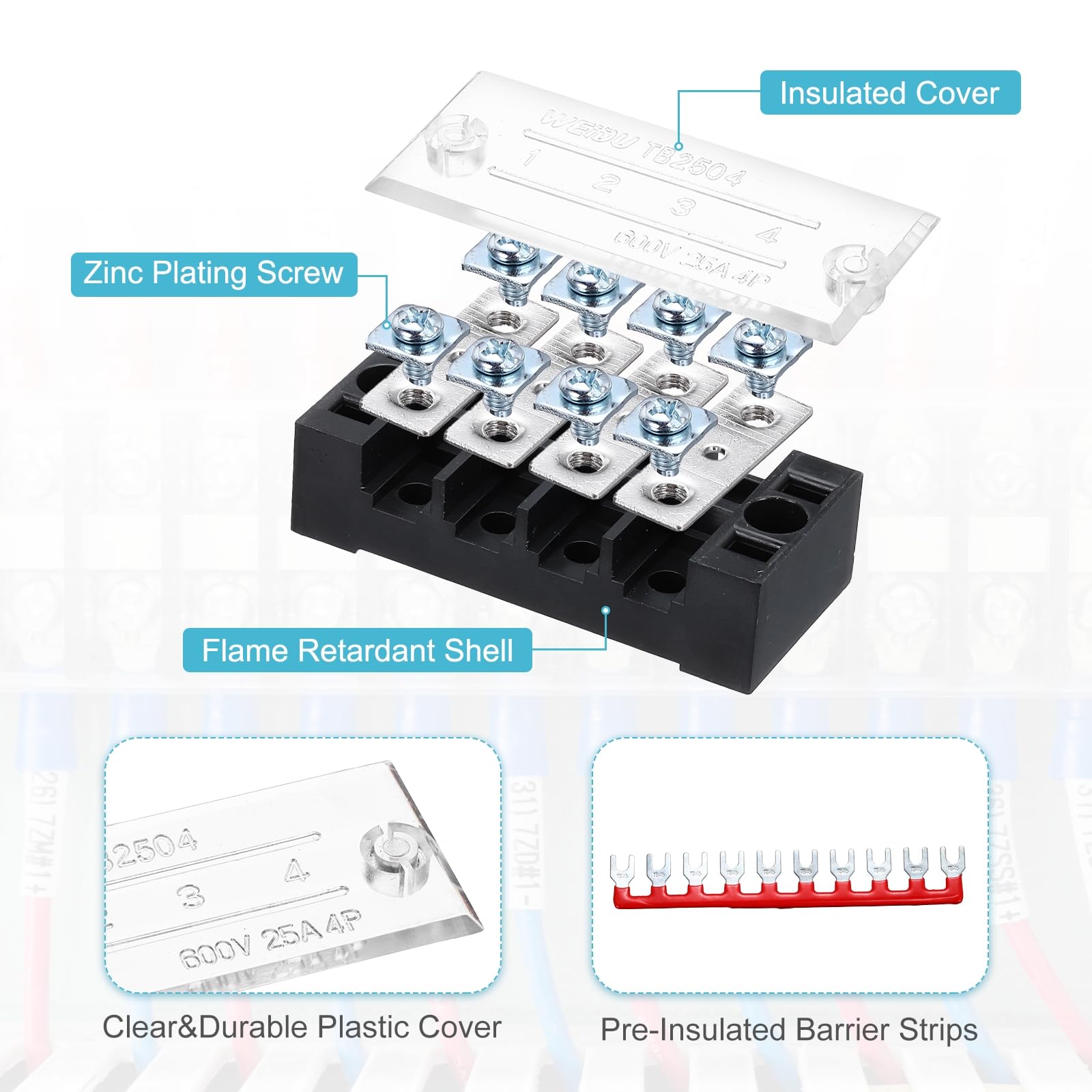 QUARKZMAN 2 Pcs Bloques De Terminales De Doble hila, 600V 45A 10 Posiciones Bloque De Terminales Con Tornillos Con 2 PCS Tiras De Barrera Preaisladas Para Sistema De Energía