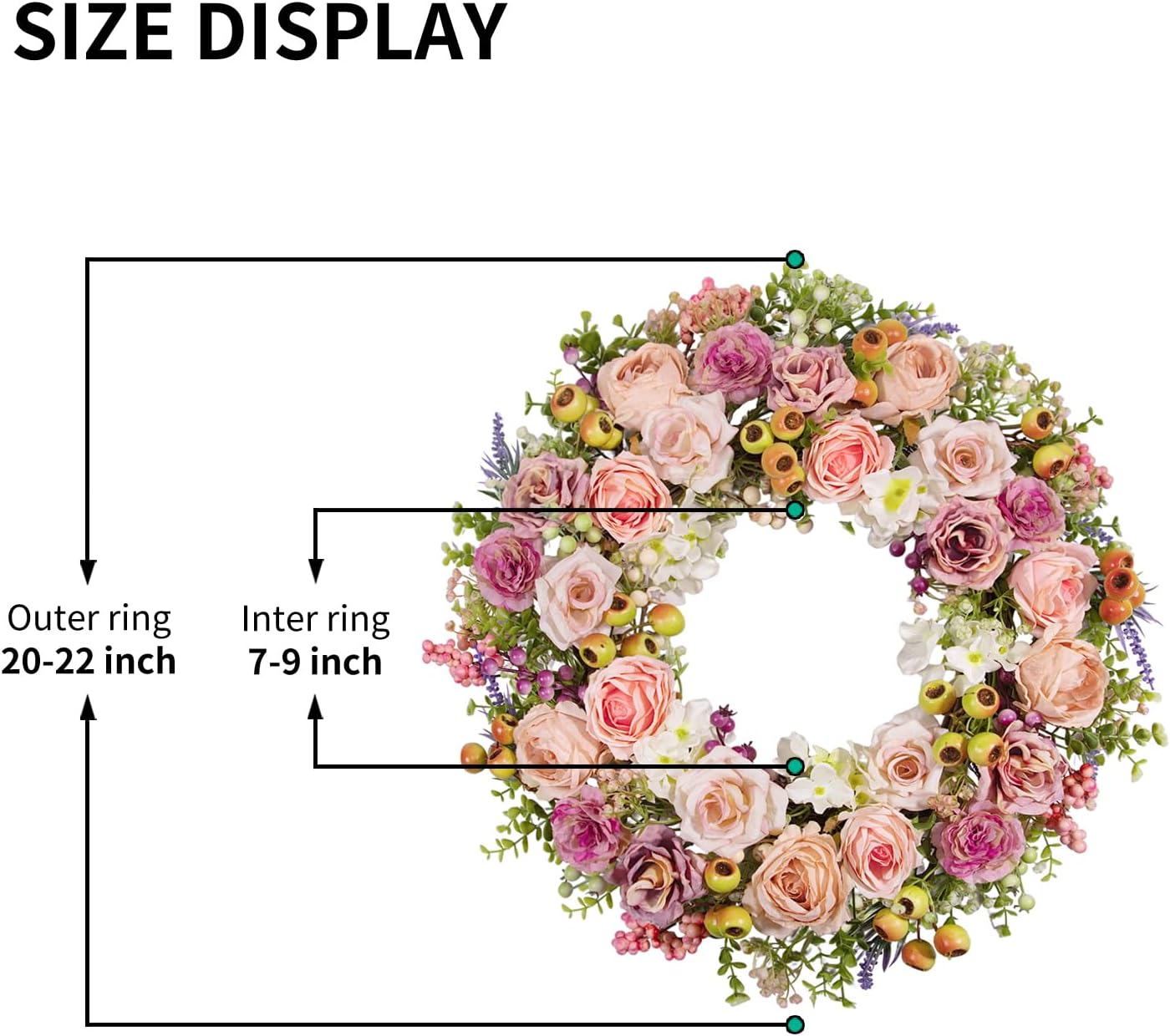 22 Inch Spring Summer Wreaths for Front Door, Vintage Pink Rose Floral Wreath with Pomegranate, Berries and Hydrangea, Lush Artificial Flowers Wreath for Home Decor, Easter