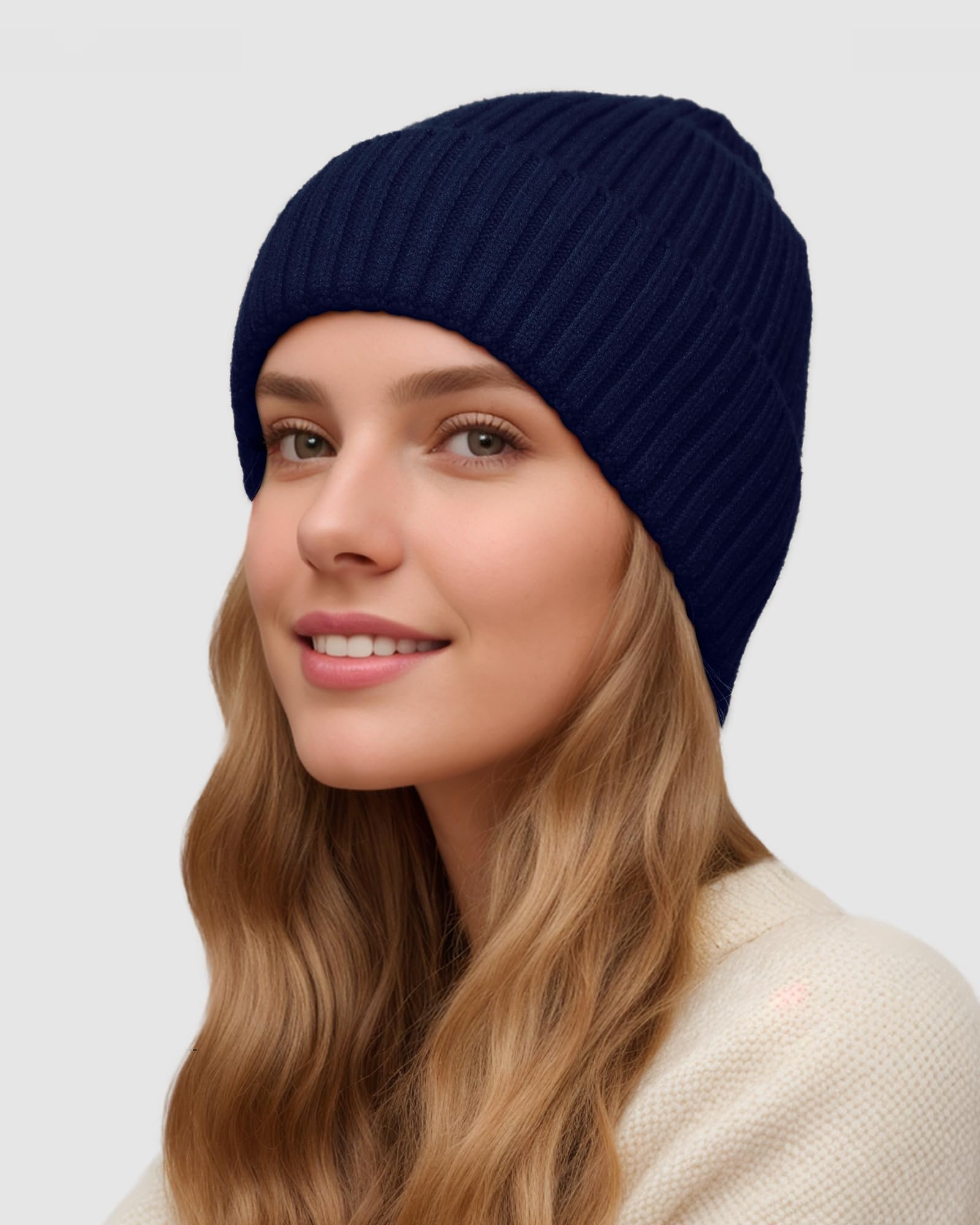 Satin Lined Beanie for Women Men, Womens Silk Lined Beanies, Wool Knit Cuffed Warm Winter Hats Skull Cap Navy Blue