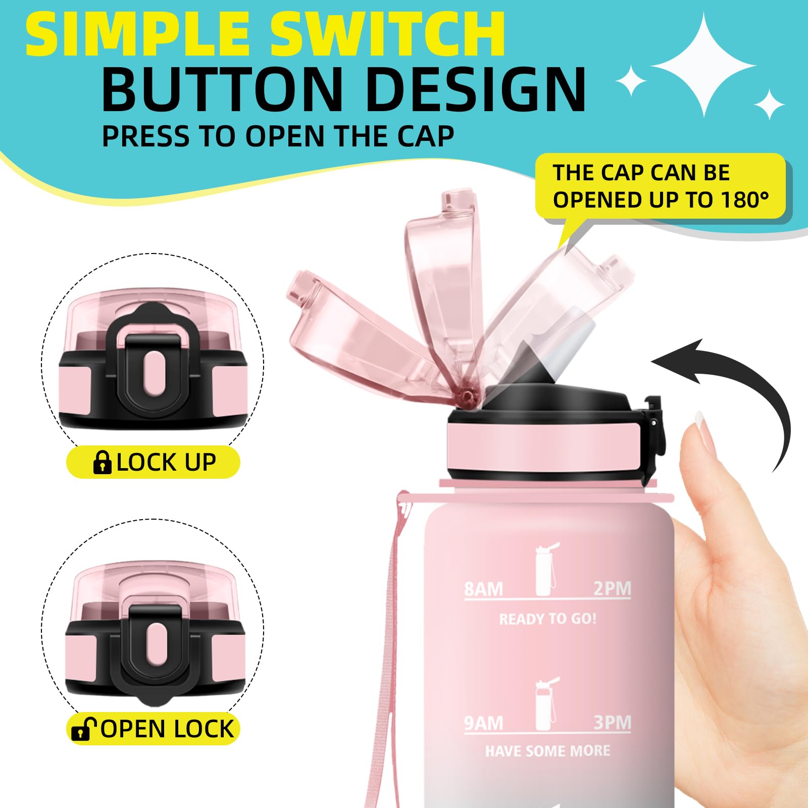 Botella Agua 1 litro, Botella Agua Gimnasio con Pajita, Diseño de Cerradura, Cantimplora, con Marcador de Tiempo, A Prueba de Fugas Cantimplora para Exteriores, Bicicleta, Gimnasio - 5