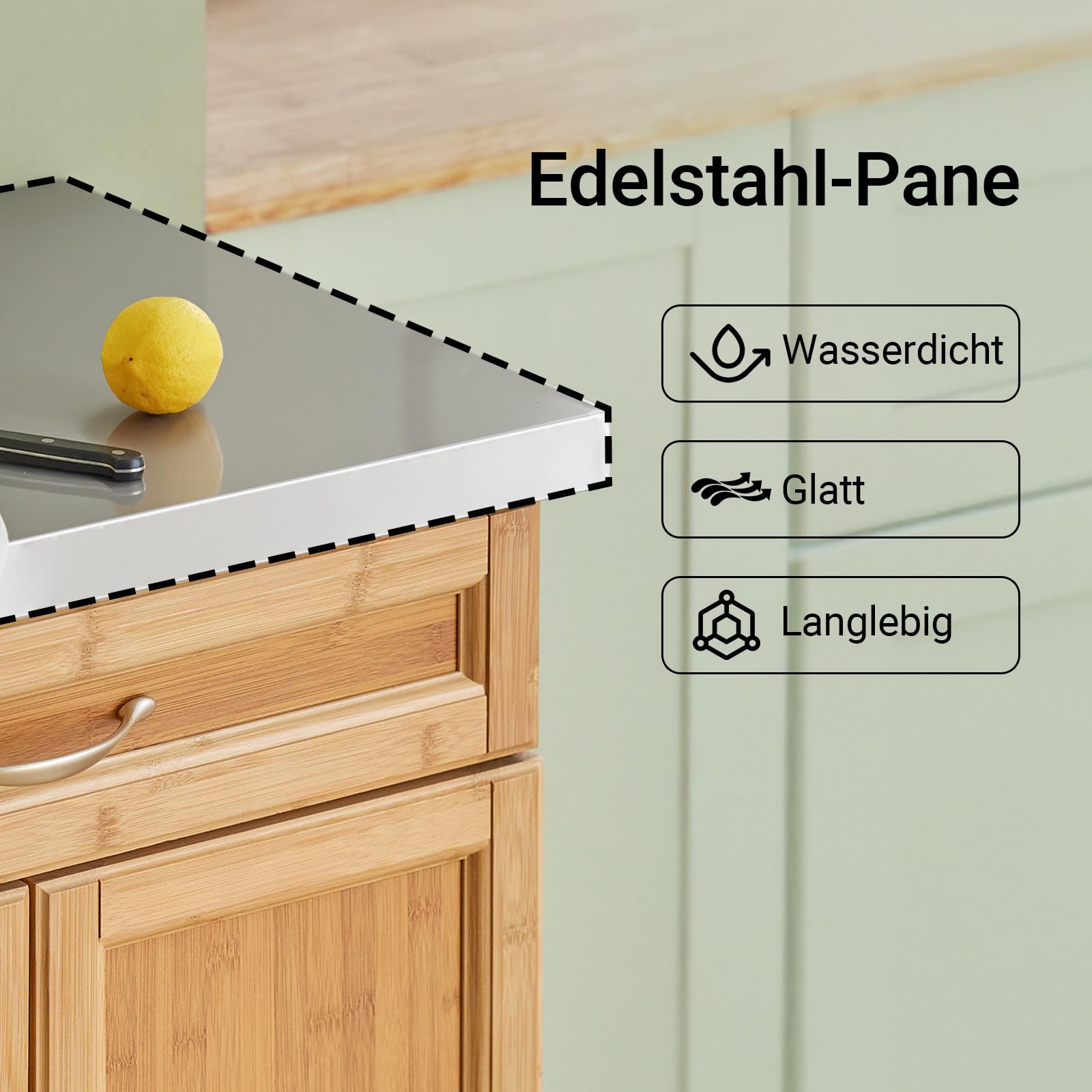 SoBuy Servierwagen mit Rollen Küchenwagen mit Arbeitsplatte aus Edelstahl, platzsparender Küchenrollwagen aus Bambus für kleine Küchen, Servierwagen Outdoor mit Schublade Natur B74×H92×T46 cm FKW13-N