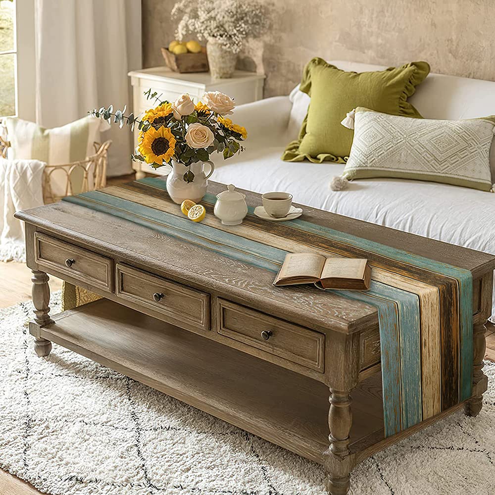 Hanrunsi Tafelloper, modern, woonkamer, lente, placemats, groen, blauw, grijs, planken, schuur, tafelmatten, lopers, set voor eettafel, feest, bruiloft, linnen, 33 x 183 cm