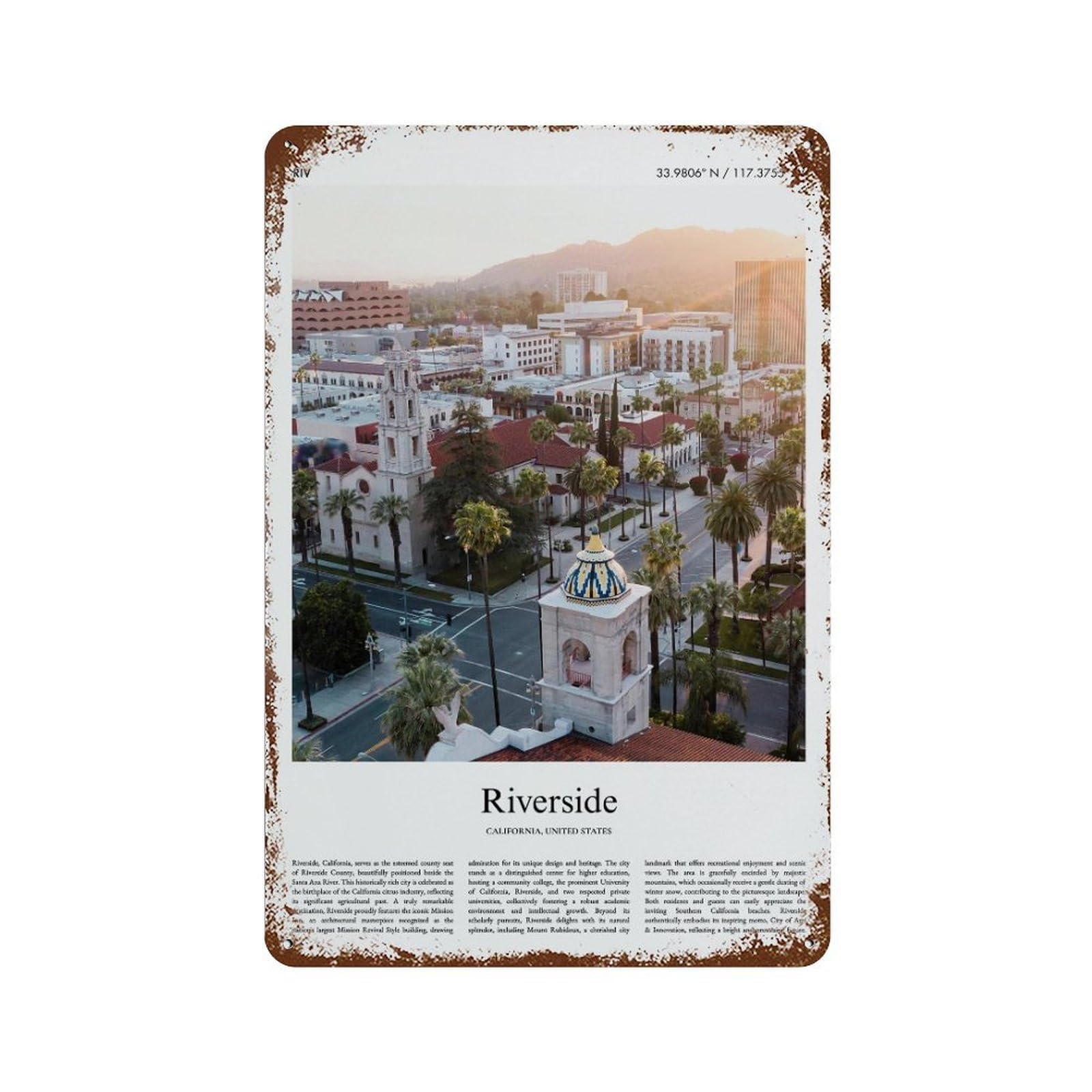 xiaoxiaoshen Riverside California, United States, USA City Scenery Wall Decor Art Metal Tin Poster Modern Home Decor Art Home Bar Shop Decorations Vintage Sign 30x20cm