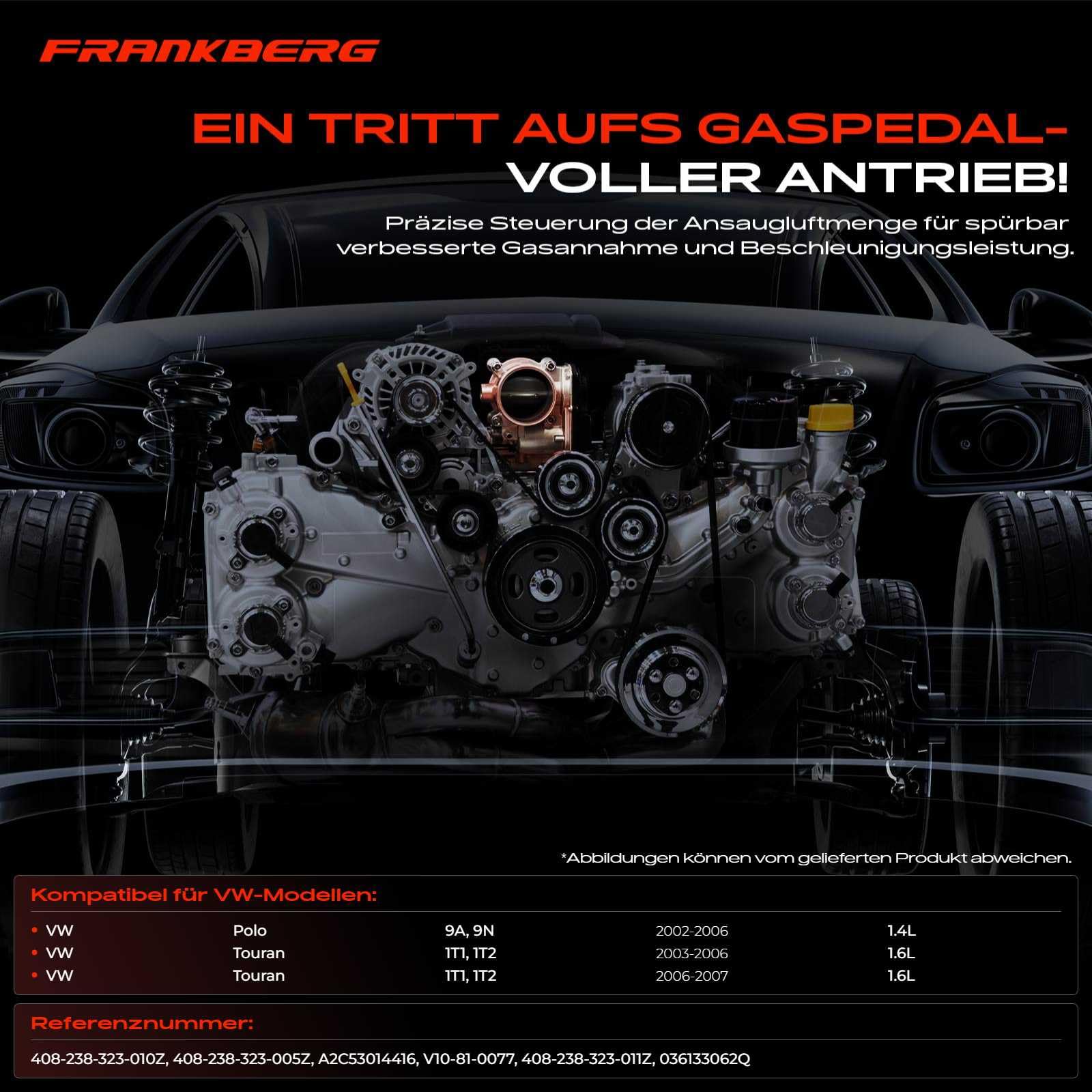 Frankberg Drosselklappe Drosselklappenstutzen für Polo 9N T-o-u-r-a-n 1T1, 1T2 1.4 FSI 1.6 FSI Benzin 2002-2007 036133062Q