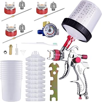 Automotive Paint Gun with 10 600cc Mixing Cups and Lids HVLP Spray Gun Kit with 1.4/1.7/2mm Nozzle & Air Regulator Paint Spray Gun for Painting, Car, Furniture, Body Repair