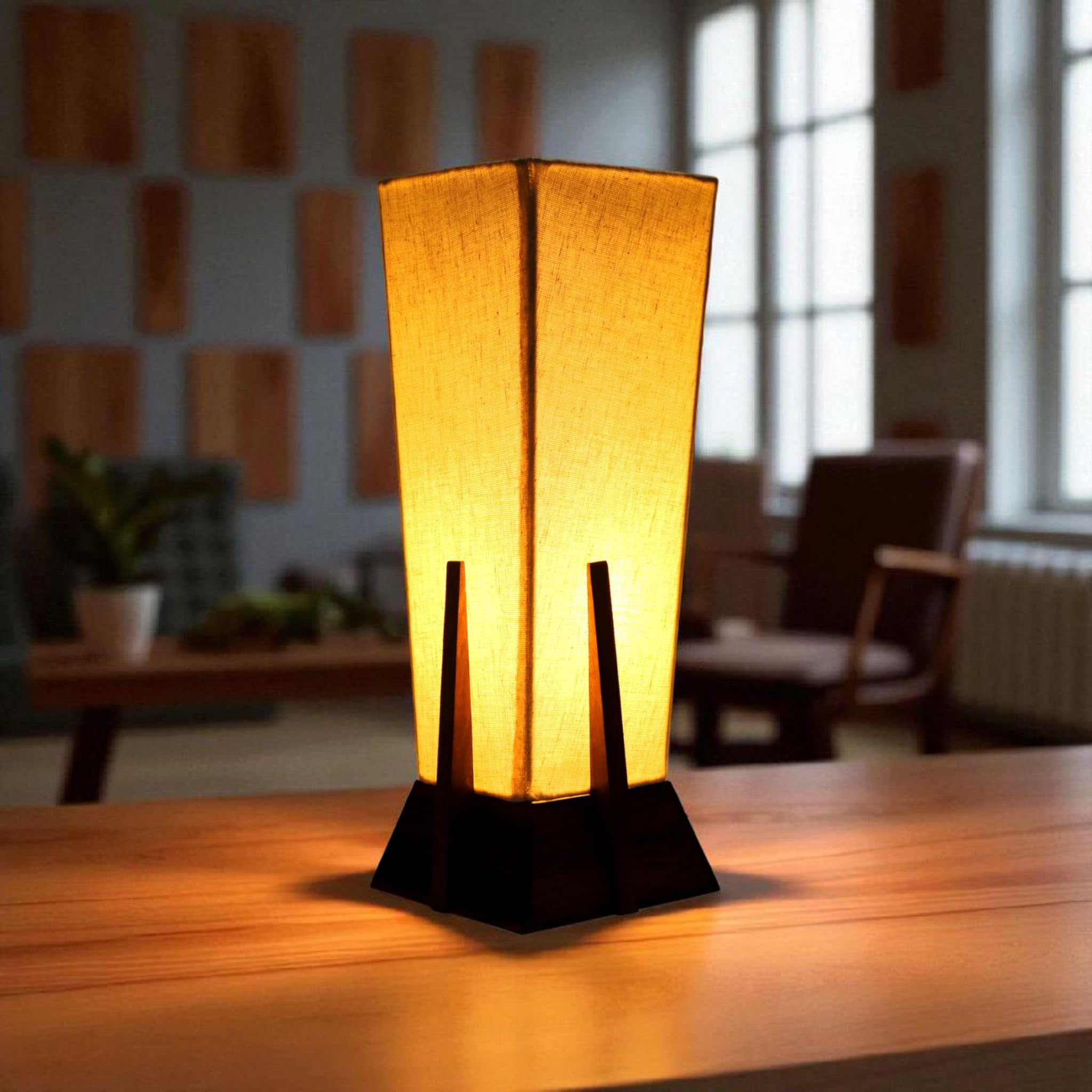 Drewniana lampa stołowa do sypialni, salonu domu dekoracyjne lampy stołowe do dekoracji wnętrz 14 cali kształt piramidy brązowy bez żarówki (dł. x szer. x wys.)