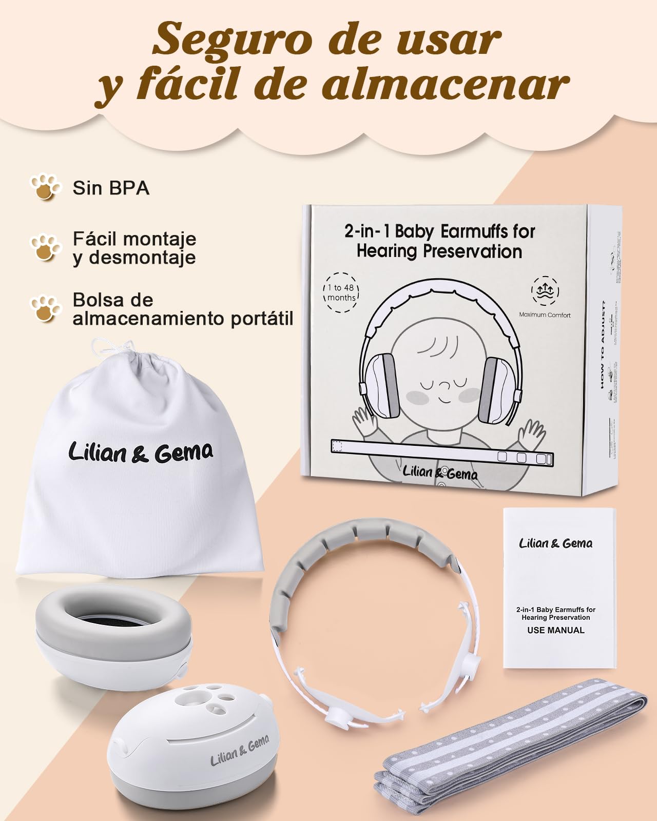 Lilian&Gema 2 en 1 Cascos Bebe Antiruido-Protectores auditivos para bebés,Diadema Ajustable, Antideslizante y sin Presión.Protección auditiva ideal para bebés de hasta 48 meses de edad