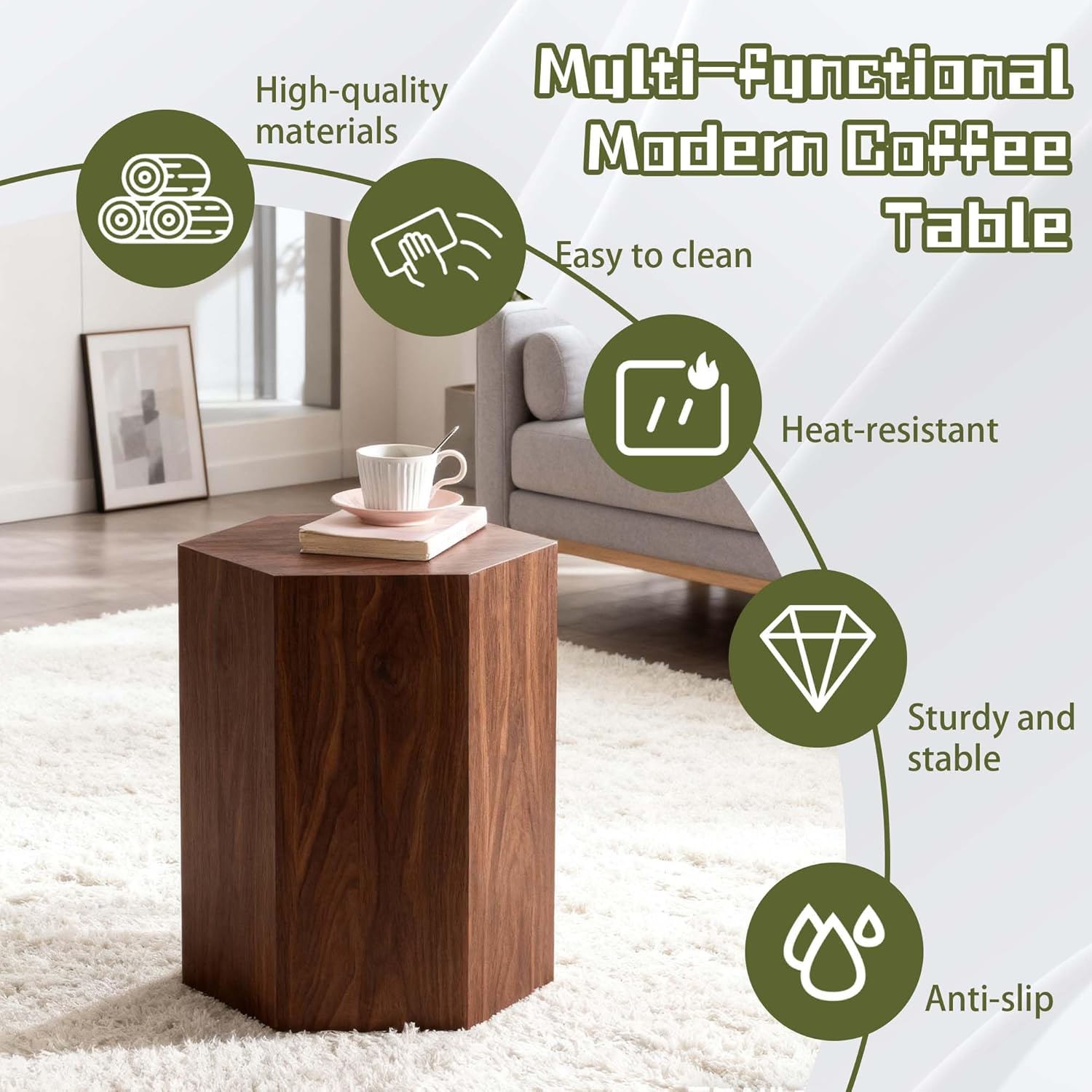 Hexagonal Wooden Center Coffee Tables for Bedroom, Modern Farmhouse Table Mid Century Vintage Table for Office, Lounge, Walnut