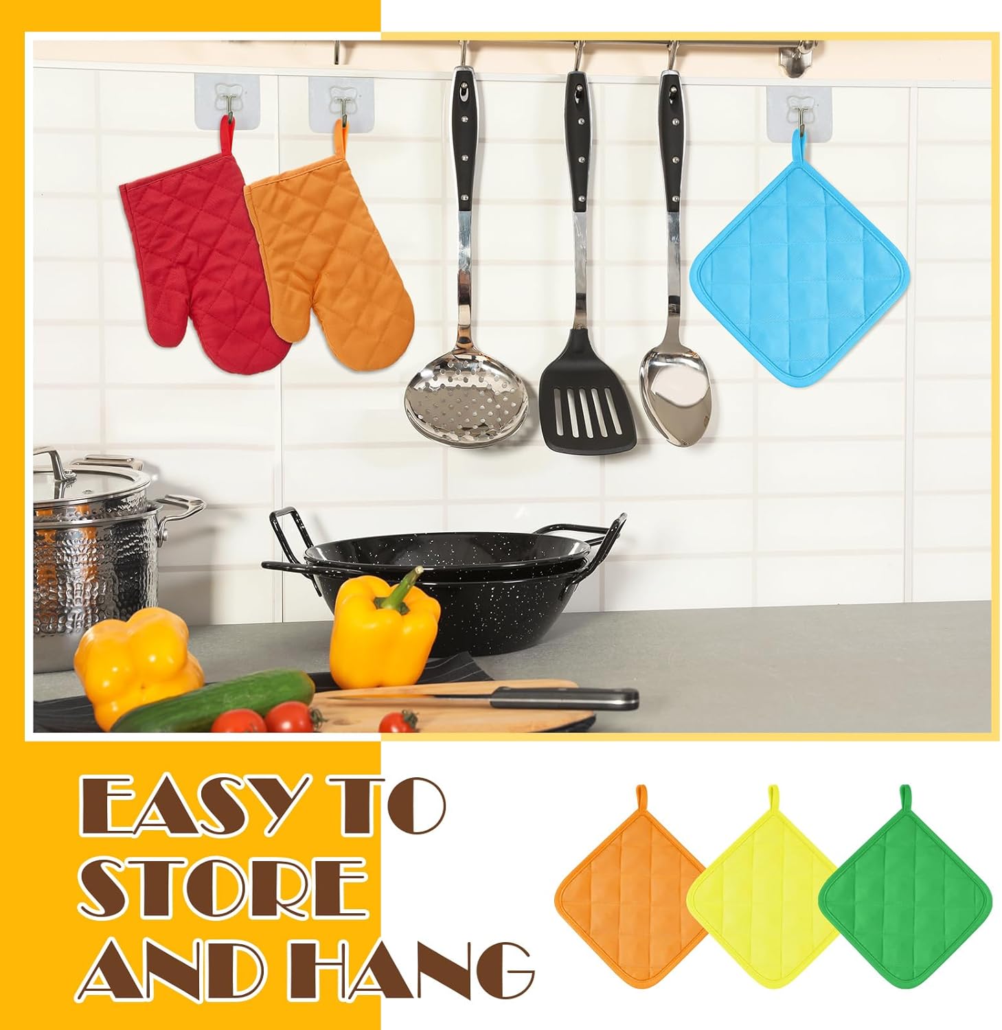 Remerry 12 Pcs Cotton Pot Holders and 12 Pcs Oven Mitts Cotton Heat for Kitchen Heat Resistant Potholders Bulk for Crafts Oven Mitts with Hanging Loops for Cooking Baking (Multicolor)