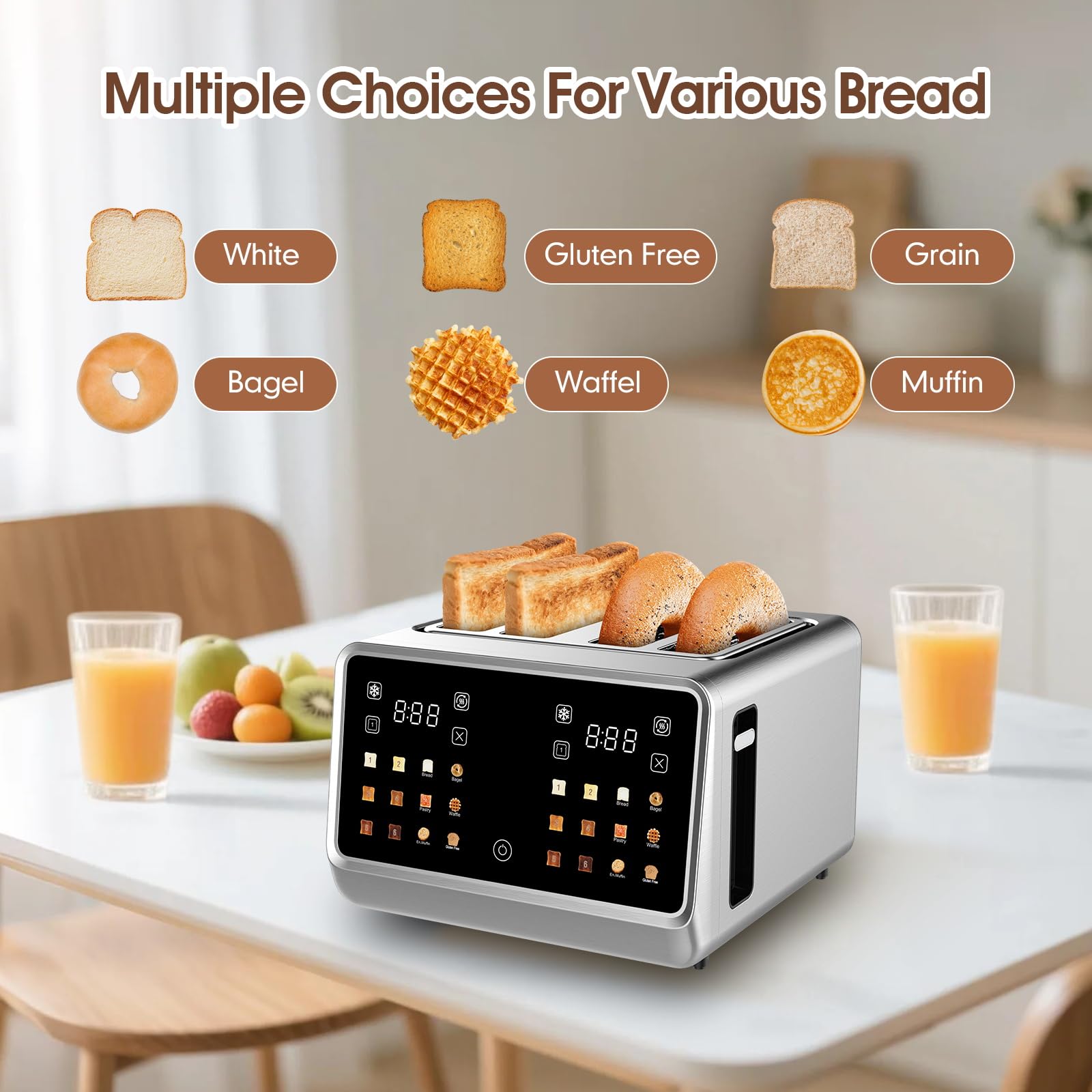Toster 4 Slice, Digital Smart Toster with TouchScreen, Dual Control Panel, Single Slot Toasting, timer, Reheat & Defrost for Bagels, Bread, Waffles, Kitchen Essentials