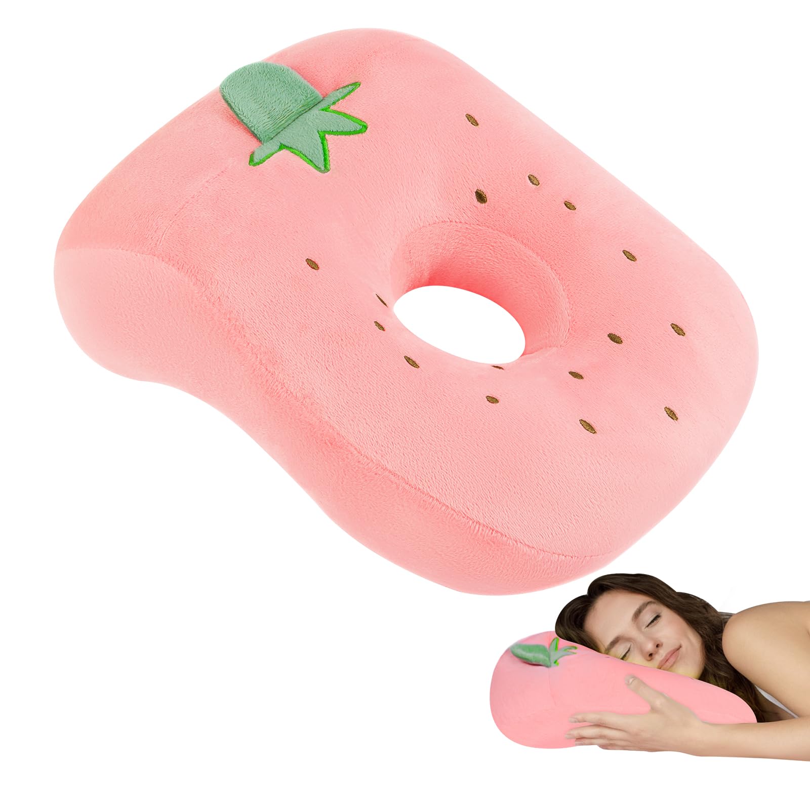 AOOSA Ear Piercing Pillow, Cute Soft Strawberry Piercing Pillow, Attractive & Durable Pillow with Hole for Ear, Ventilation Hole Design, Ear Deskpillow for Sleeping Office School Library Campin, Pink