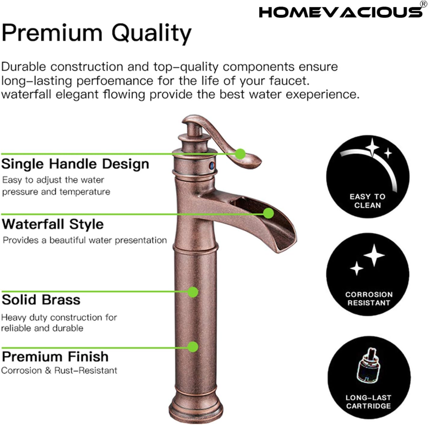Limited Stock Copper Bathroom Vessel Sink Faucet Tall Waterfall Antique Single Hole Farmhouse with Pop up Drain Assembly Mixer Tap Without Overflow Counter Top Lead-Free