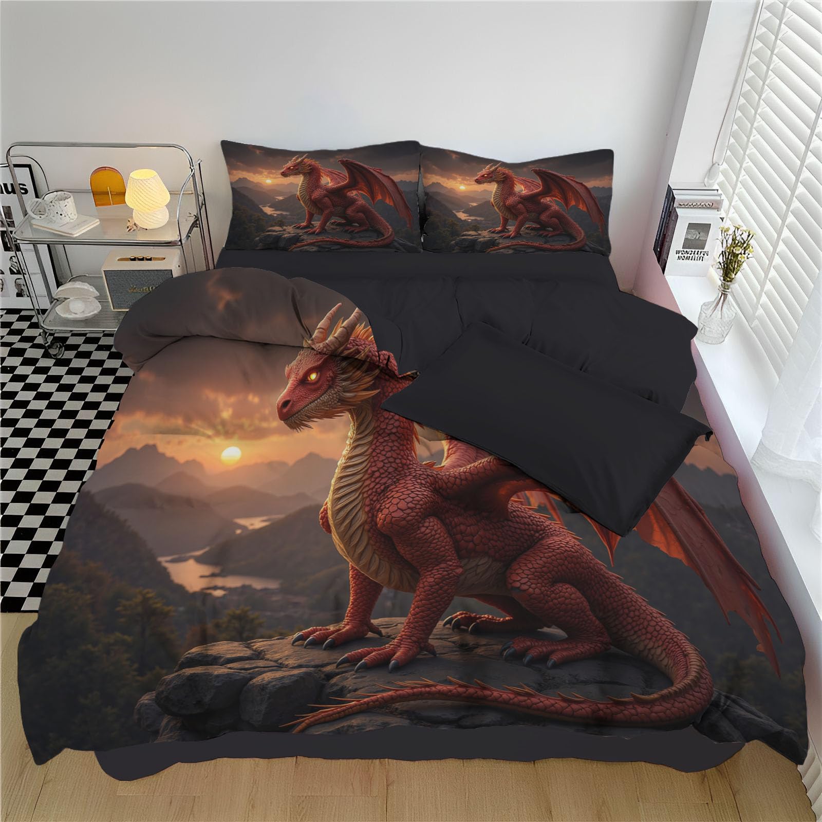 Dragon Rouge Housse de Couette 140x200 Lit Simple pour Chambre Fantastique