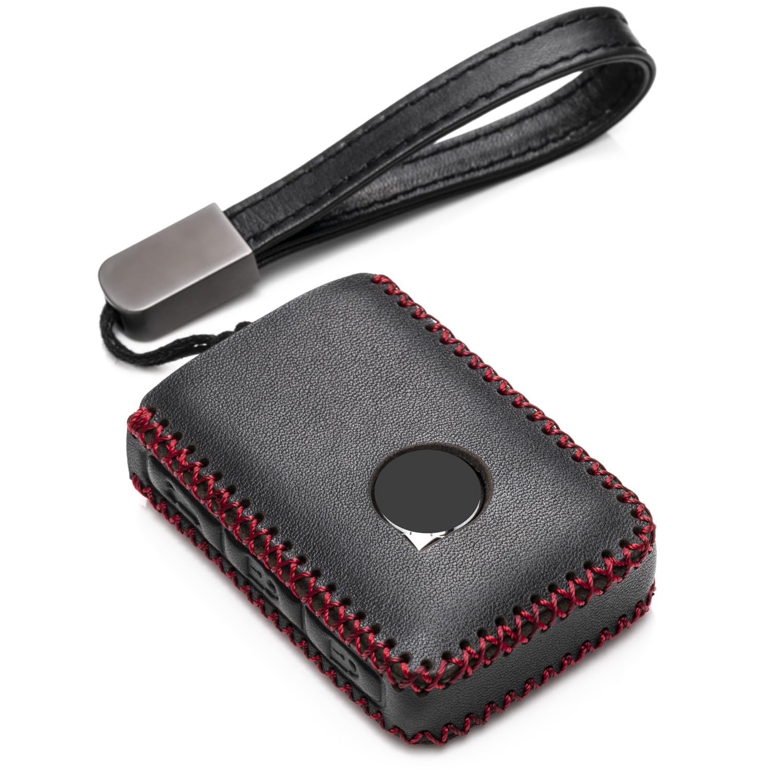 Vitodeco Genuine Leather Smart Key Fob Case Compatible with Volvo XC40, XC60, XC90, S90, S60, V60, V90 2019-2023 (4-Button, Black/Red)