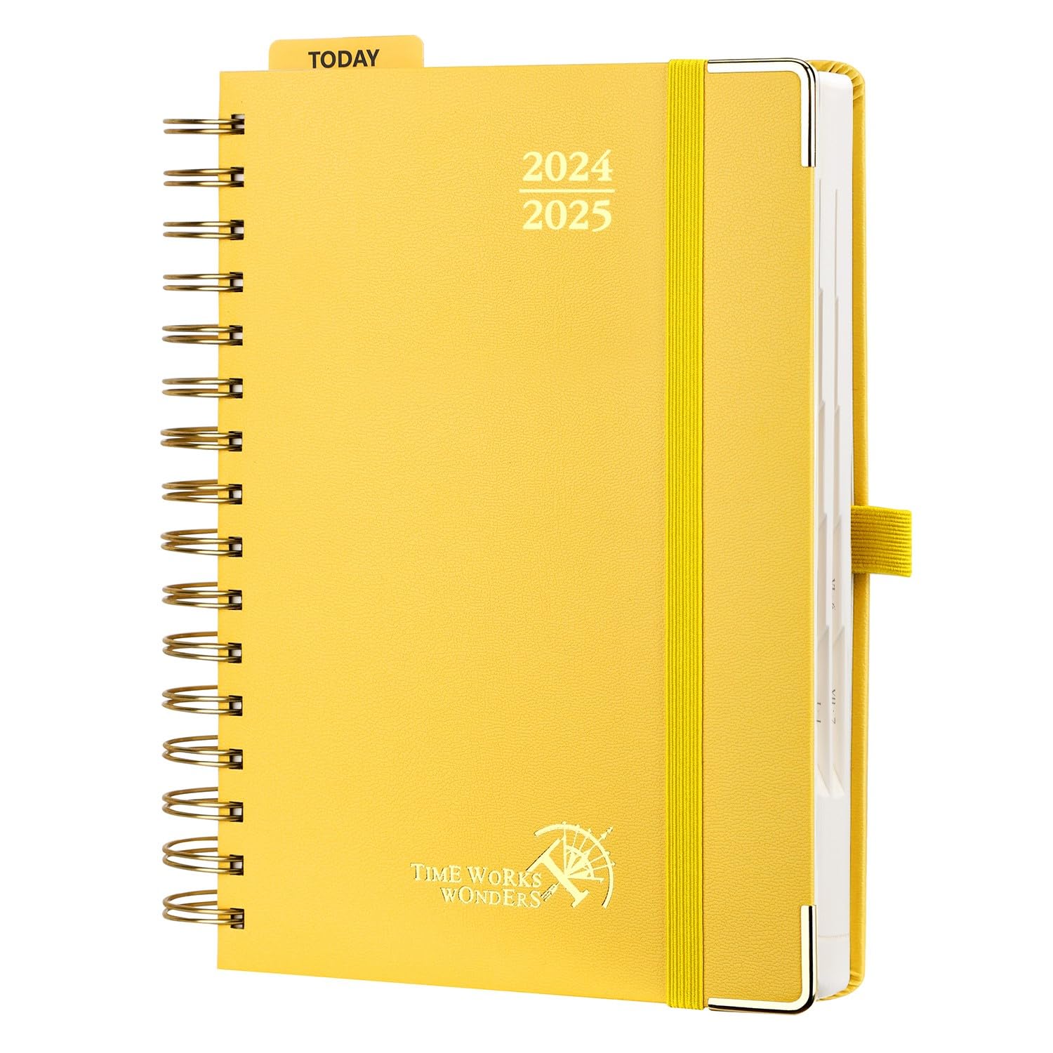 POPRUN Agenda 2024 2025 Dia Por Pagina 21,5 x 14,5 cm, Espiral Agenda Diaria 12 Meses de Ago.2024 a Jul.2025, Tapa Dura, Regla de Plásticol, 80 GSM Papel, Amarillo Claro