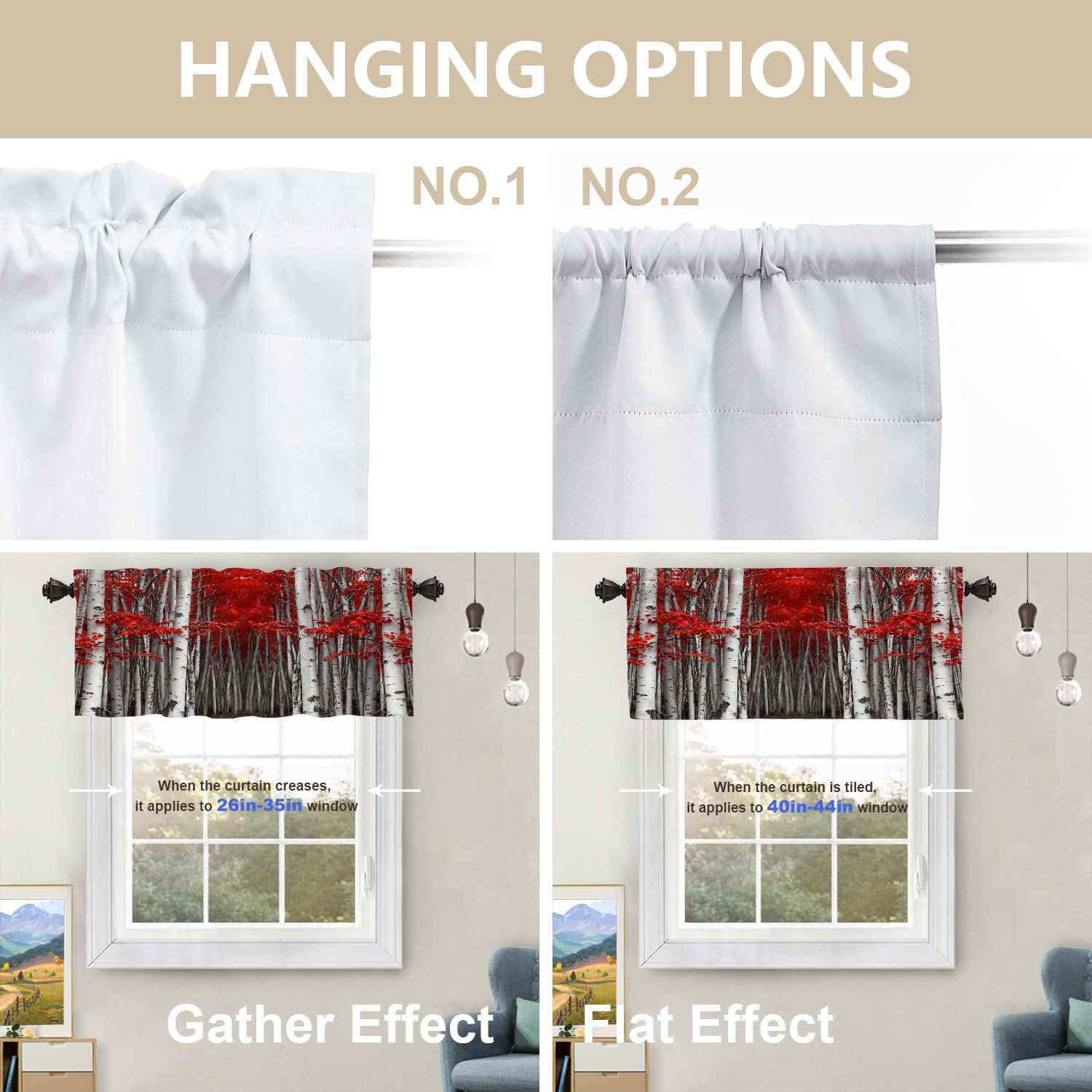 Red Leaves Black and White Kitchen Valances Window Curtain, Forest Birch Tree Forest Blackout Decoration Small Window Valances Curtains Drapes for Kitchen Bedroom, 52 X 18 Inch