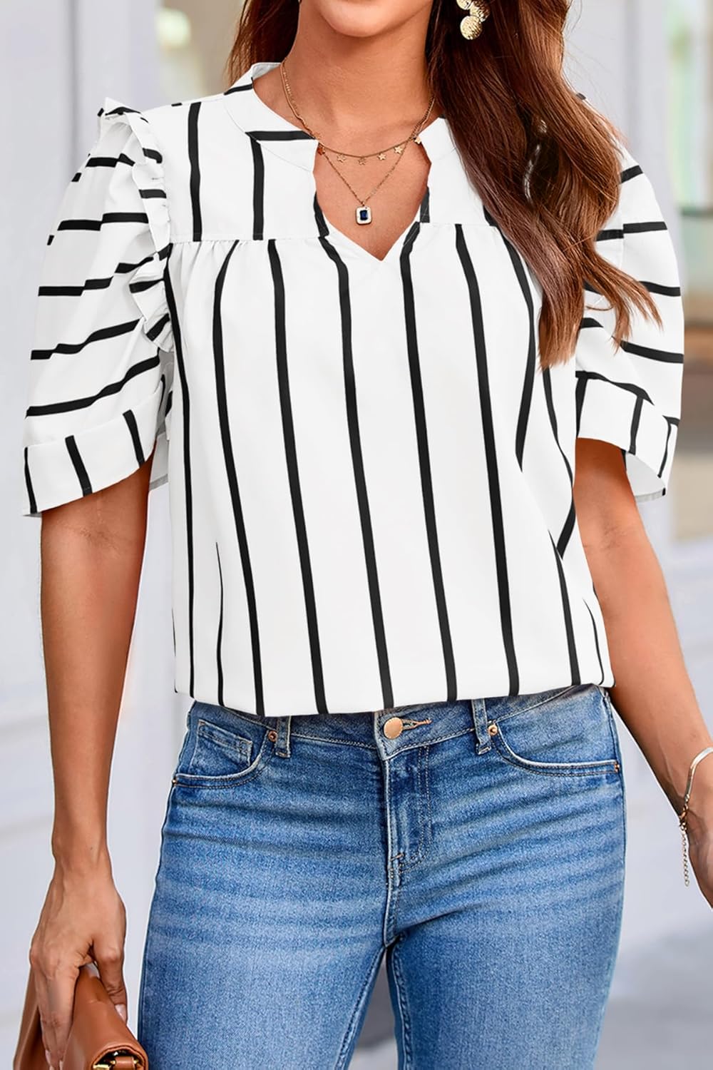 Tankaneo Womens Puff Sleeve Striped Blouses Dressy Casual V Neck Shirts Summer Trendy Loose Fit Tunic Tops - Image 4