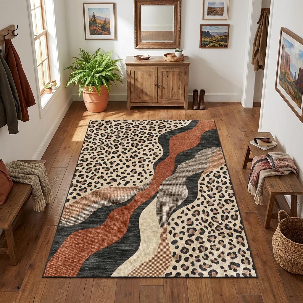 3x5 Area Rug Leopard Print Abstract Wave Rug with Non Slip Backing, Washable Low Pile Brown Beige Carpet for Entryway, Bedroom, Kids Room, Small Living Space