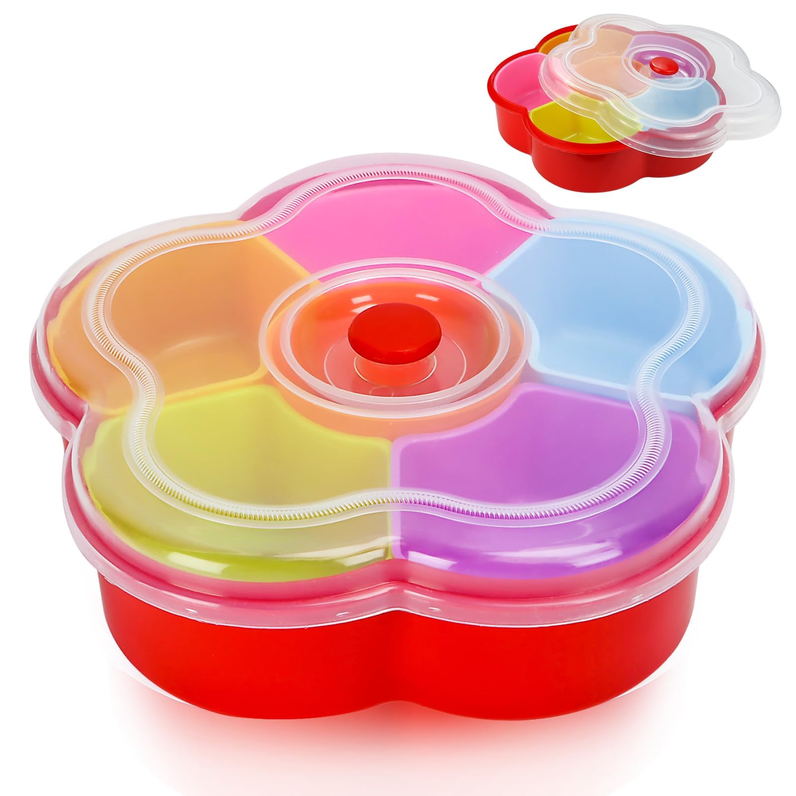 Veggie Tray with Lid,Snackle Box Container, Separable Colored Flower Shaped Fruit Snacks Bowls, Candy and Nut Serving Container Appetizer Tray, Divided Vegetable Tray Plastic Food Organizer