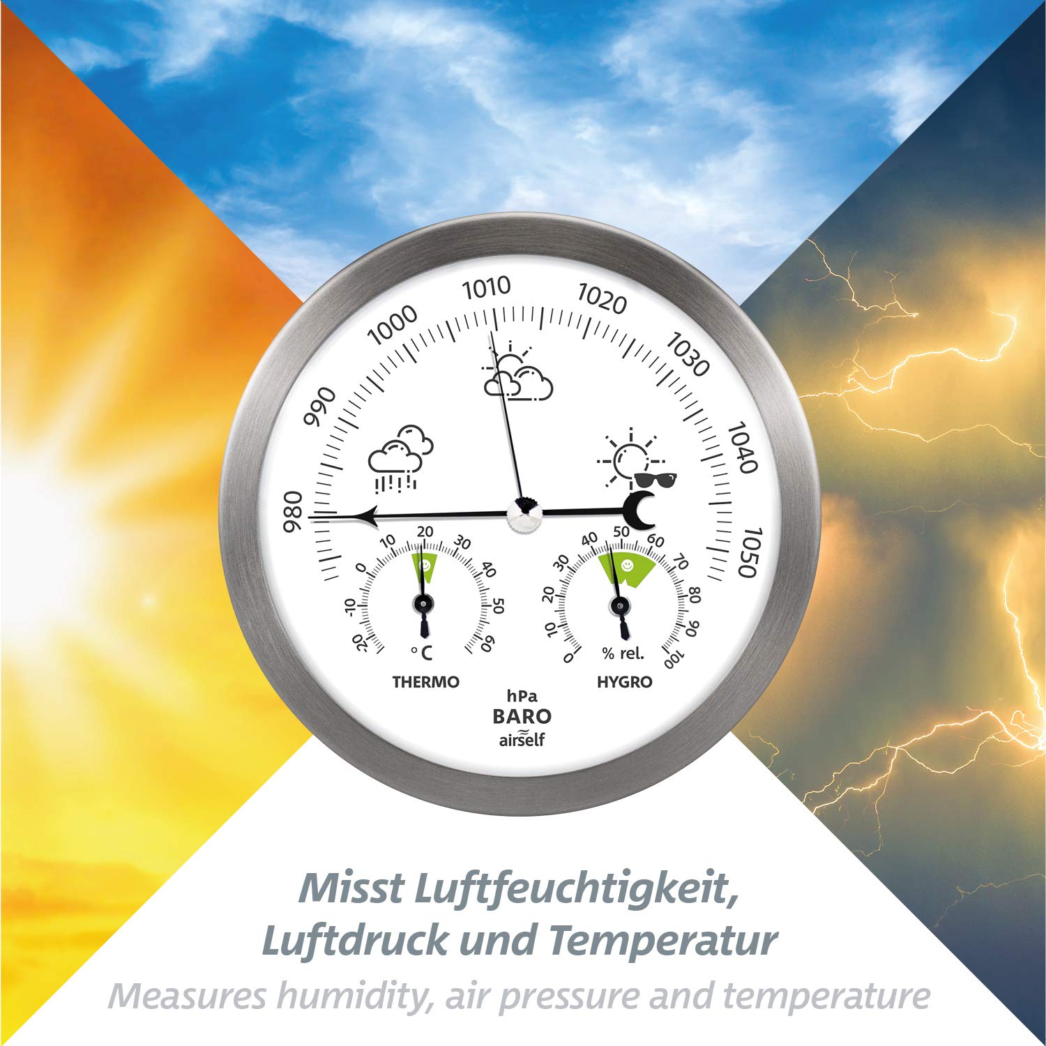 Wetterstation analog aus Edelstahl mit Barometer, Thermometer, Hygrometer | für innen und außen