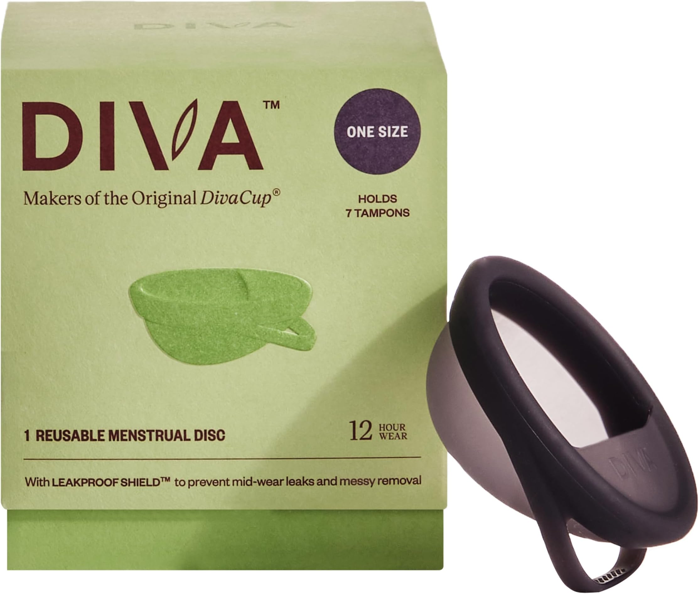Diva Disc - Comfortable, Reusable Menstrual Disc with Leakproof Shield - for Up to 12 Hours of Continuous Wear - 100% Medical Grade Silicone - Holds 7 Tampons of Flow - One Size Fits Most