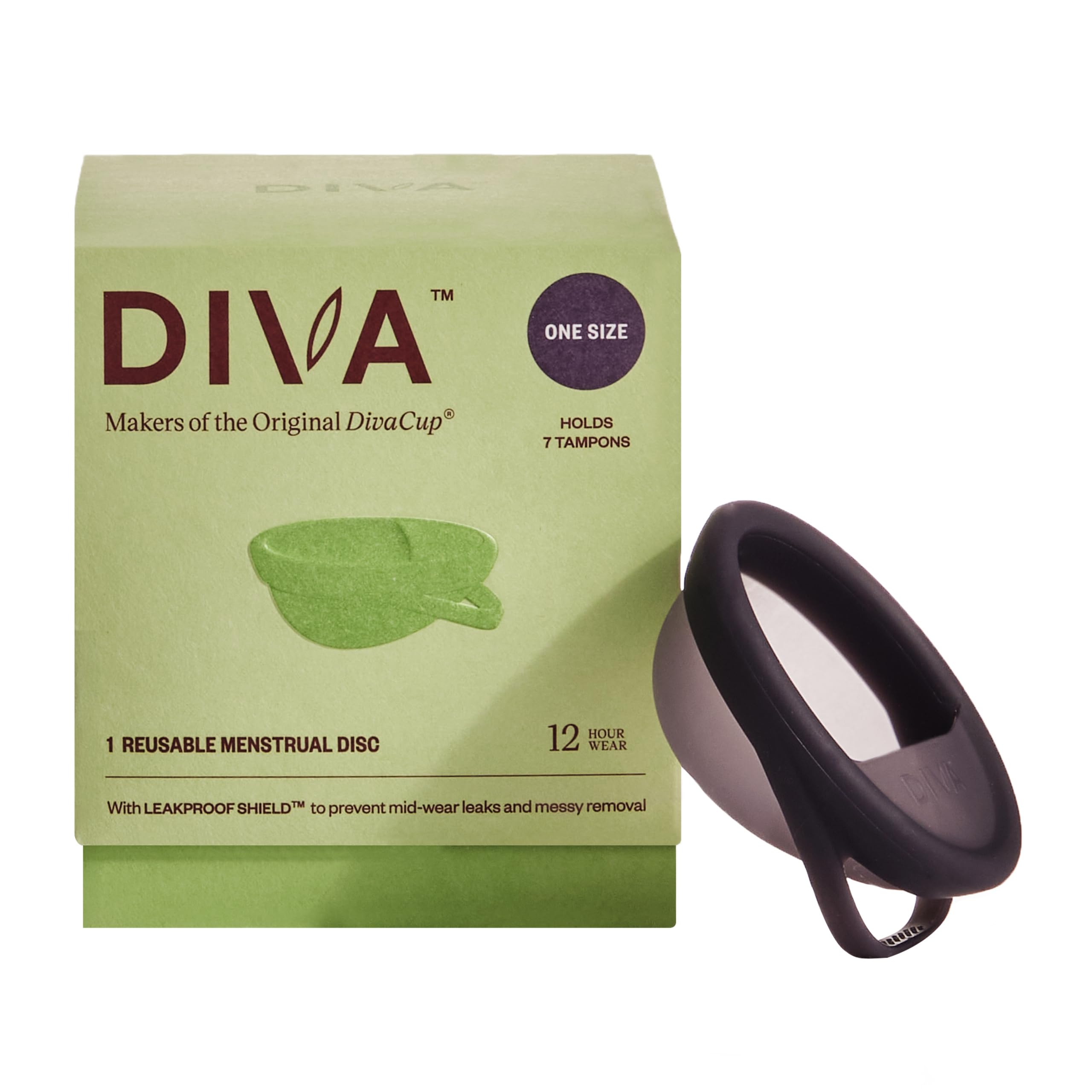 Diva Disc - Comfortable, Reusable Menstrual Disc with Leakproof Shield - for Up to 12 Hours of Continuous Wear - 100% Medical Grade Silicone - Holds 7 Tampons of Flow - One Size Fits Most