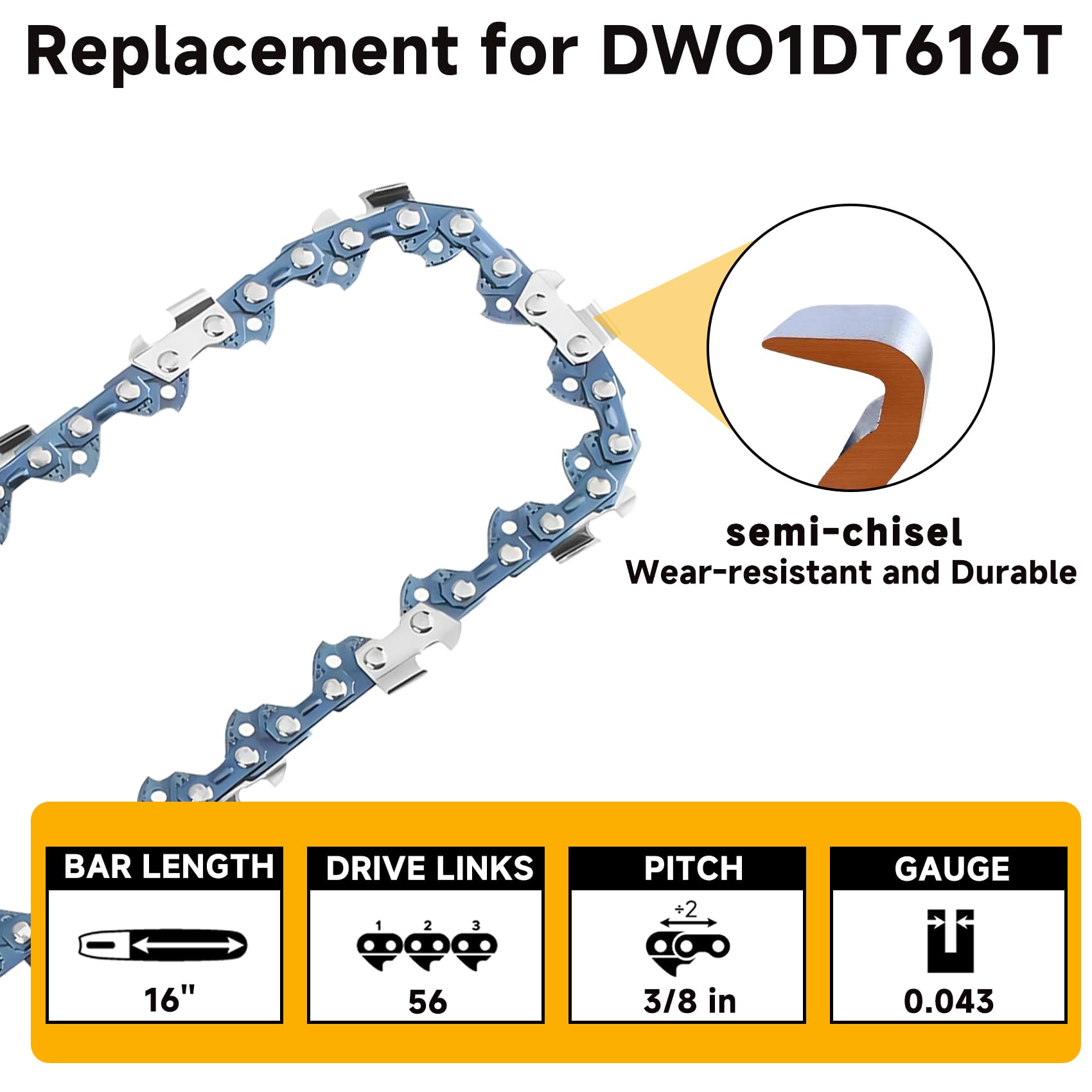 DWZCSB16 & DWO1DT616T Barra de motosierra y cadena de motosierra de 16 pulgadas para sierra de cadena inalámbrica DeWalt (combinada)