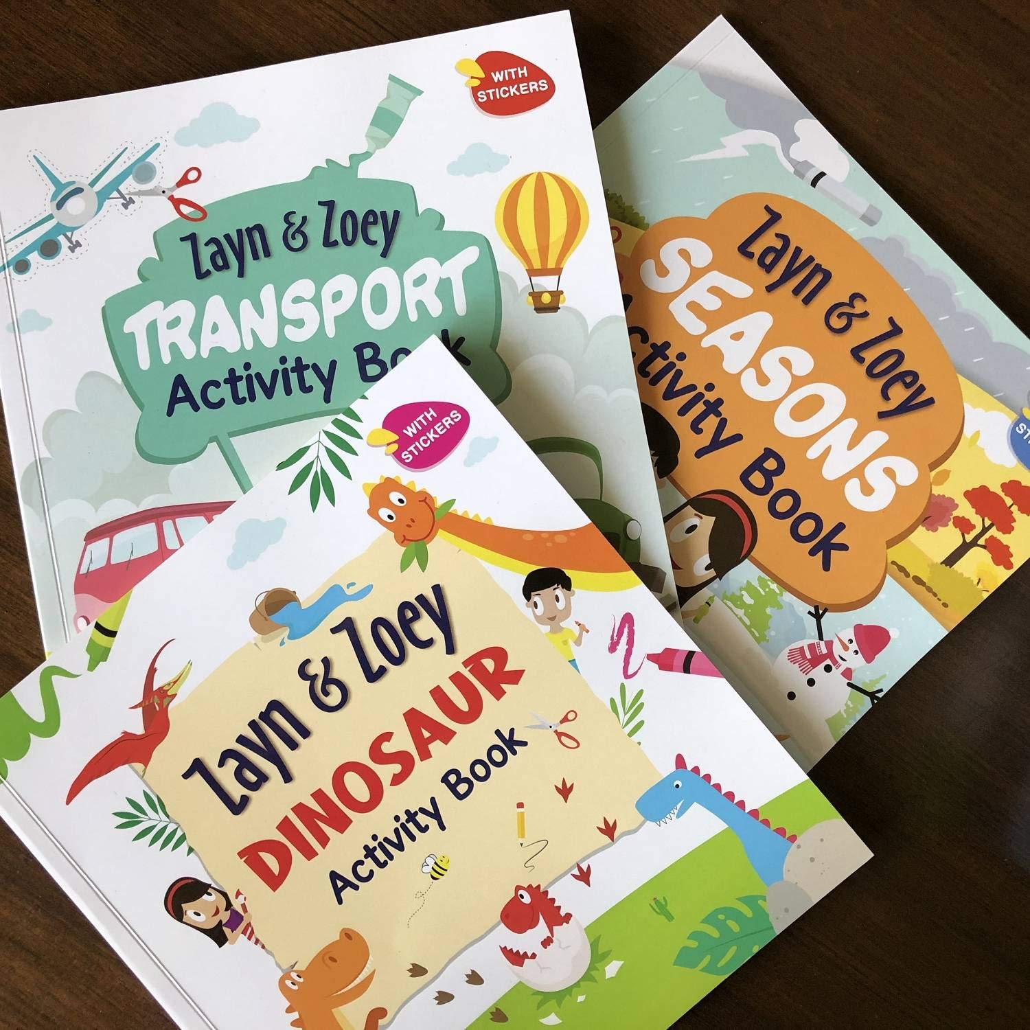Zayn and Zoey Activity Books Set of 3 books (Transport, Seasons, Dinosaurs) - Variety of fun activities for kids - With stickers - Children's Early Learning Educational Activity Books (Ages 3 to 6 Years)