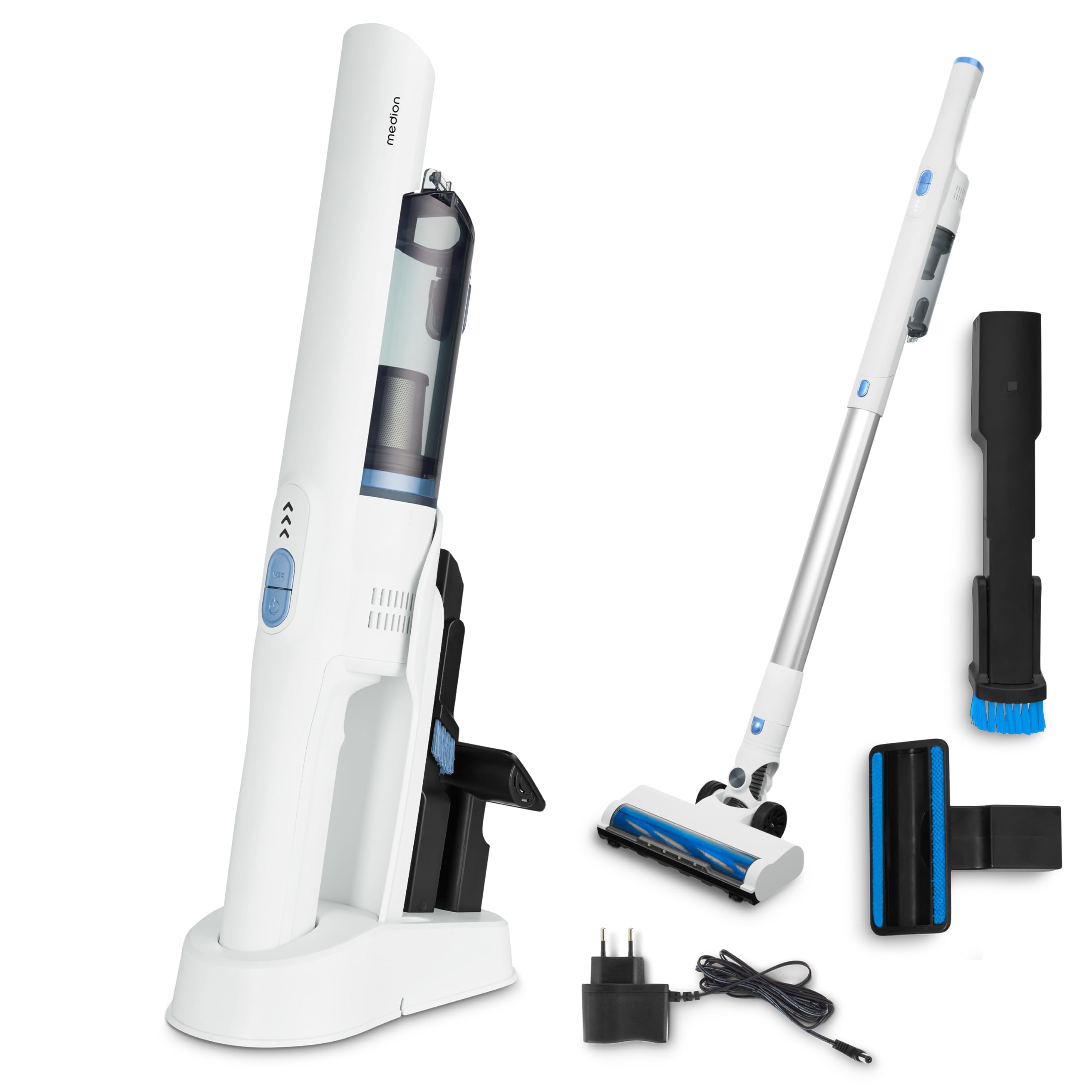 MEDION Aspiradora de Mano 2en1 con Tubo y Cepillo para Suelos (Motor BLDC, Filtro HEPA 13, filtrado de Polvo y alérgenos, Potencia de succión 20 kPa, batería, Base de Carga, sin Cables, MD11515)