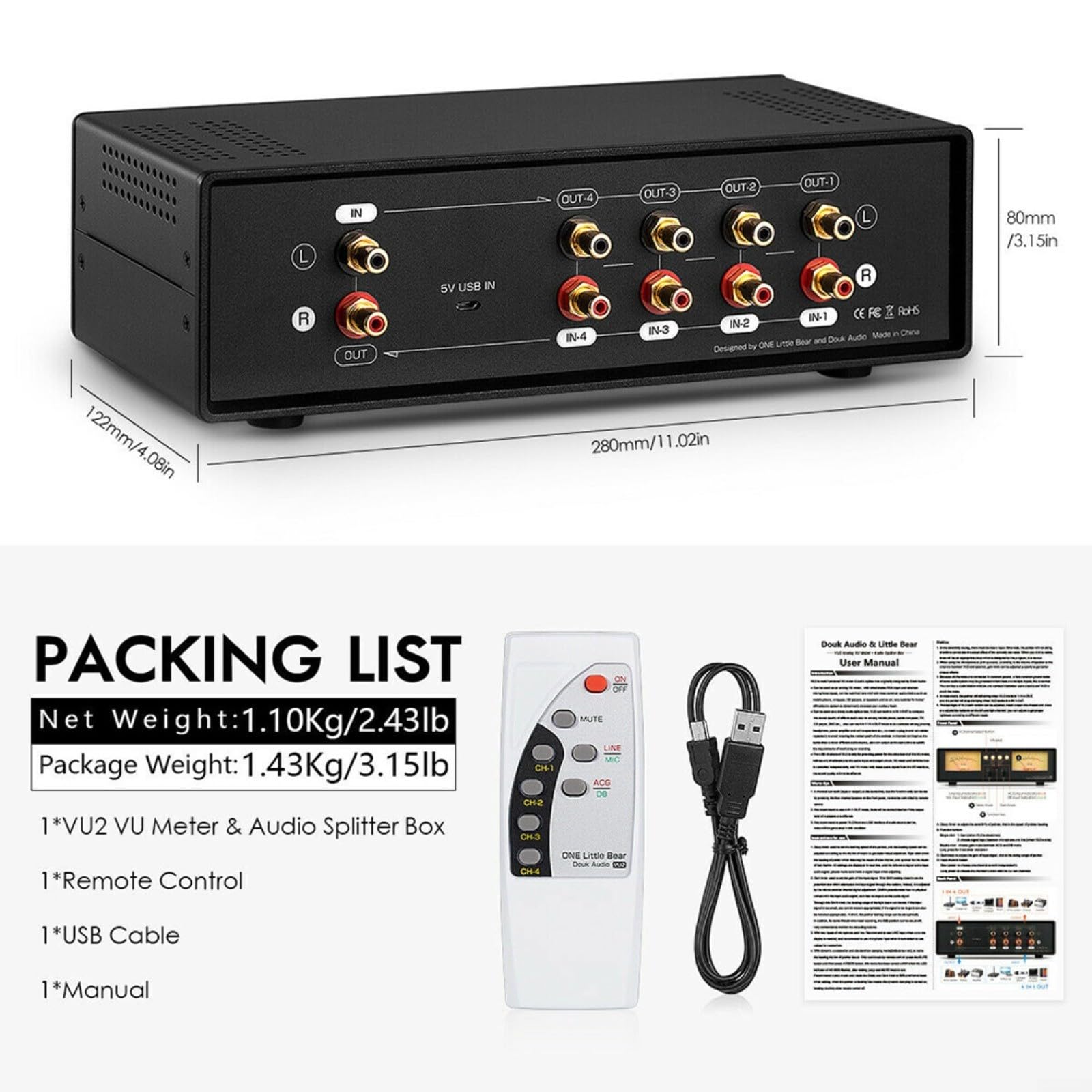 Conmutador de audio analógico VU con 4 vías para divisor rca, indicador de nivel DB/ACG, mando a distancia, USB 5 V para instalaciones de estudio HiFi (luz amarilla)